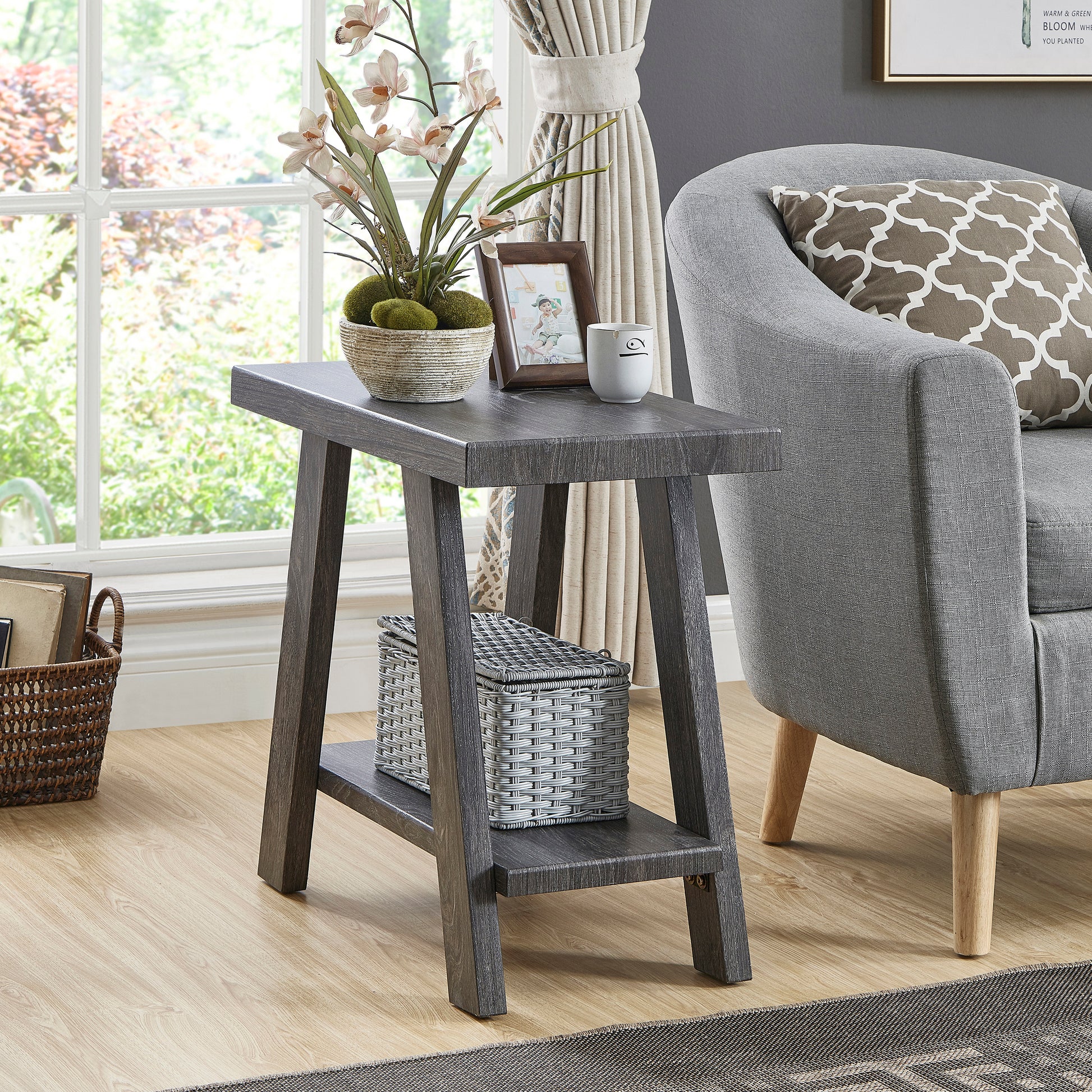 Dark gray wood end table with two shelves perfect for living room decor