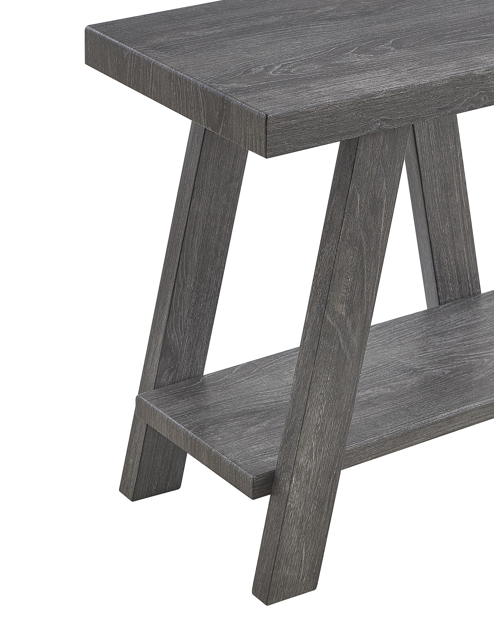 Dark gray wood grain accent table with slatted shelf and angled legs