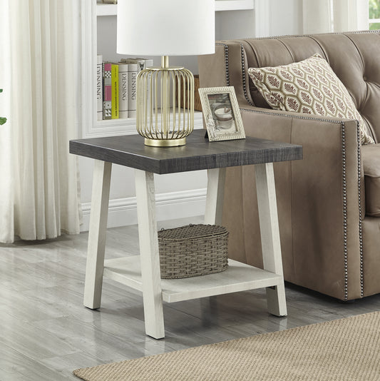 Dark grey distressed wood end table with white Aframe legs and shelf