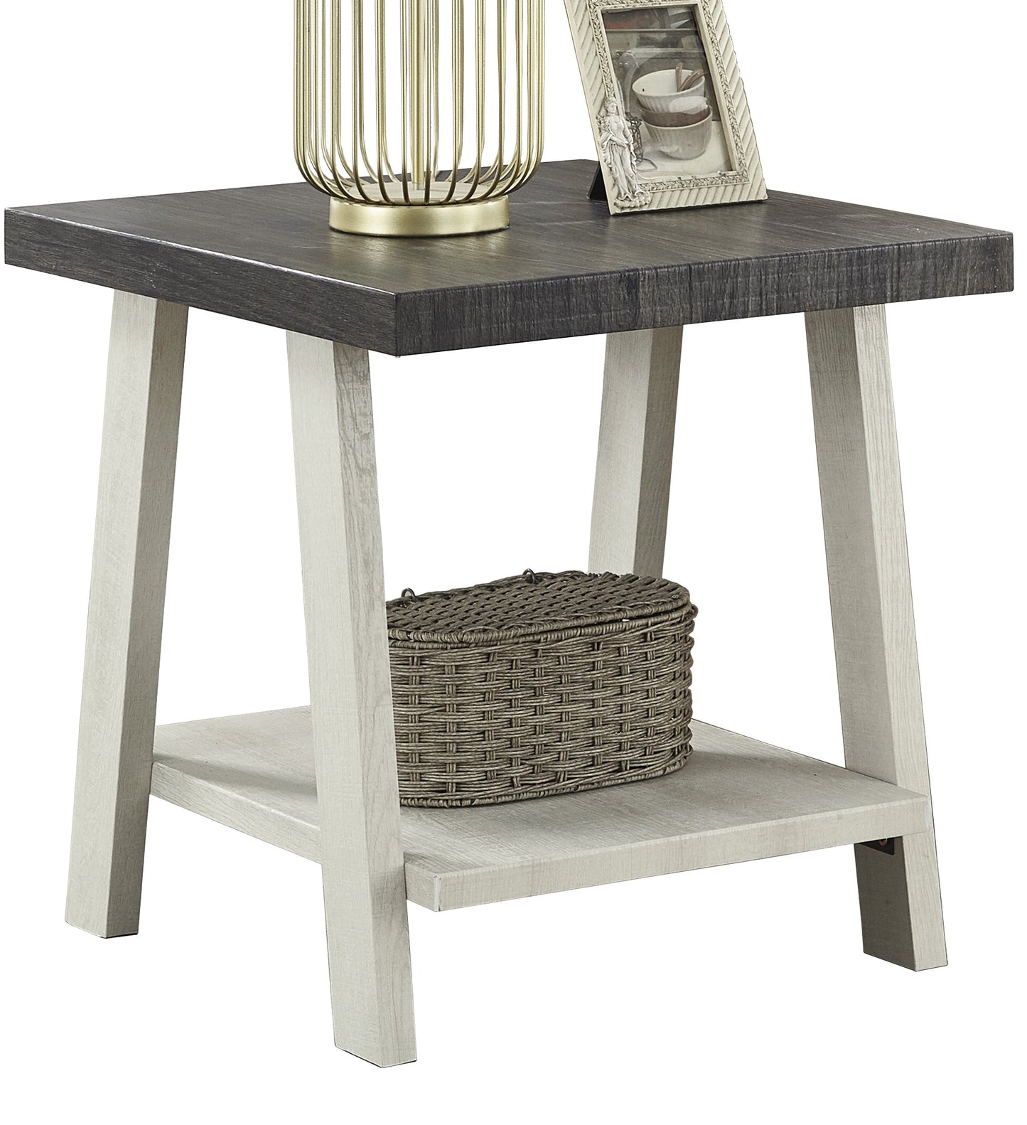 Distressed gray wood end table with white legs and a woven storage basket