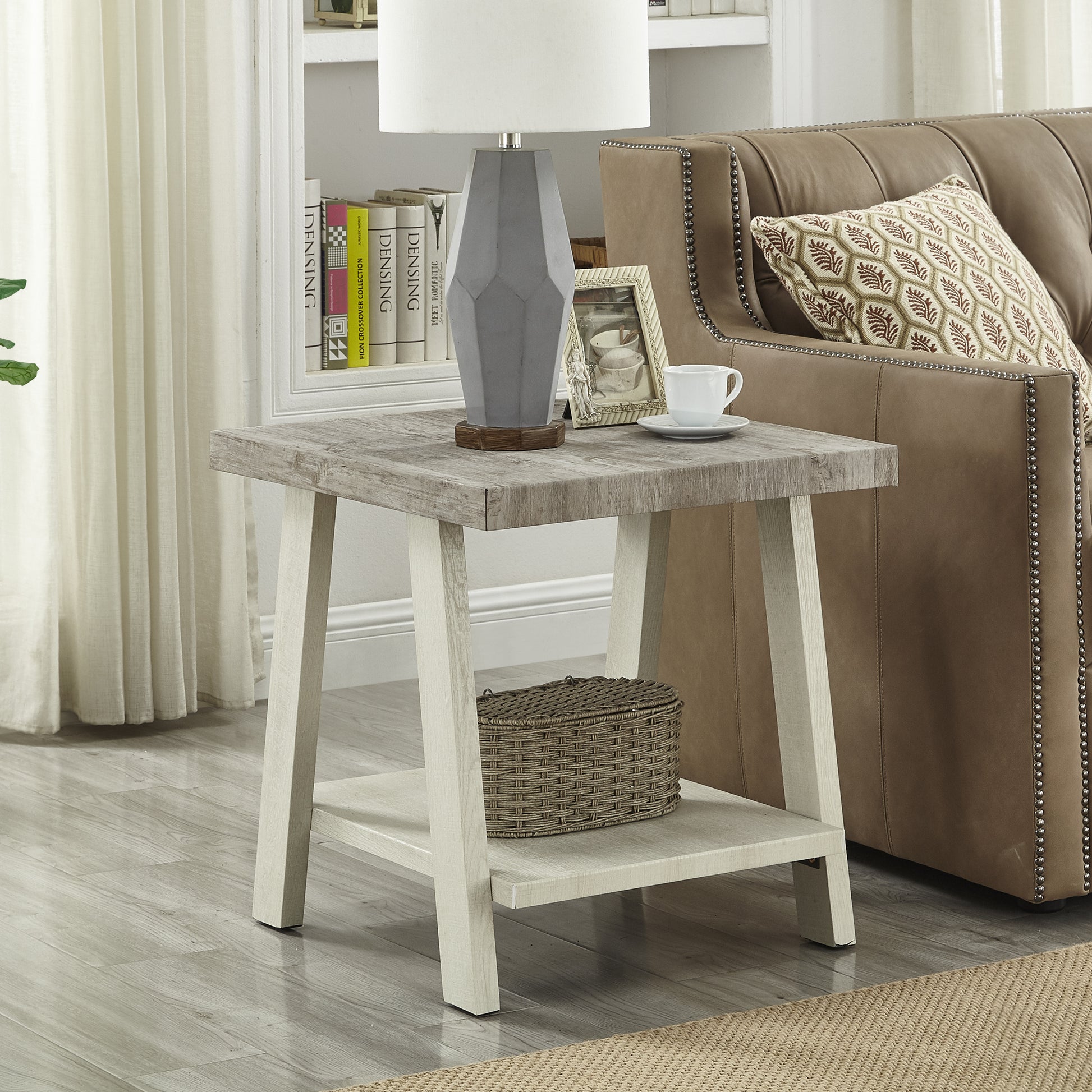 Rustic whitewashed wood end table with bottom shelf ideal for living room decor