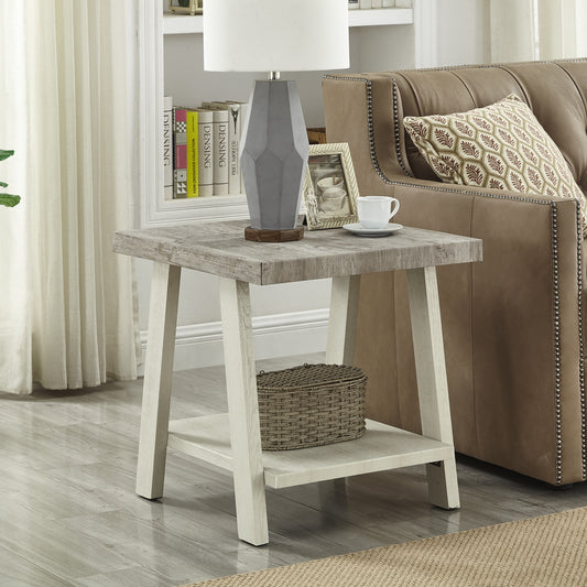 Rustic whitewashed wood end table with bottom shelf ideal for living room decor