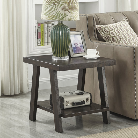 Dark wood end table with textured top shelf and vintage suitcase detail