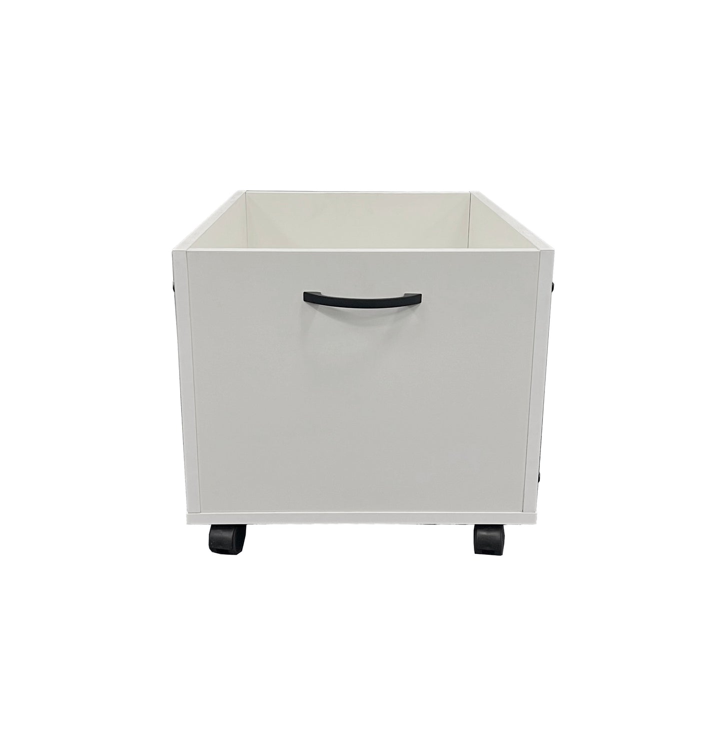 White rolling storage bin with black handle and wheels