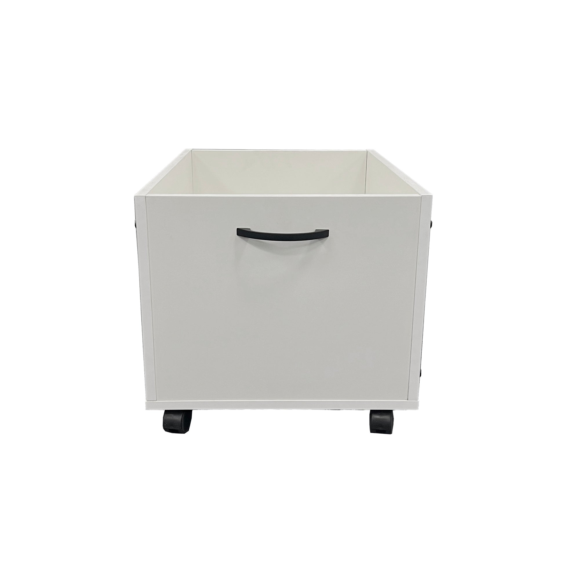White rolling storage bin with black handle and wheels