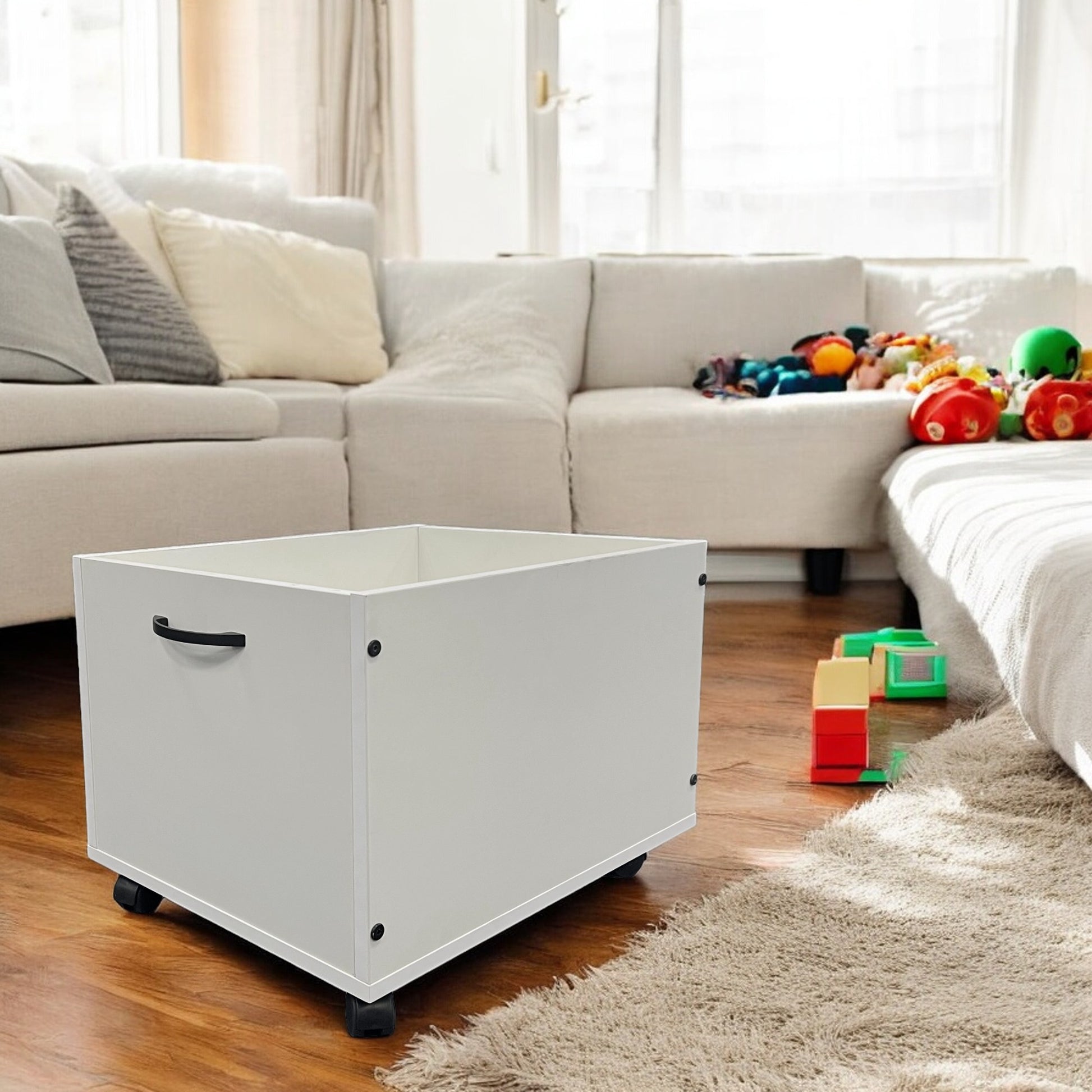 White wheeled storage bin with black handles perfect for kids toys