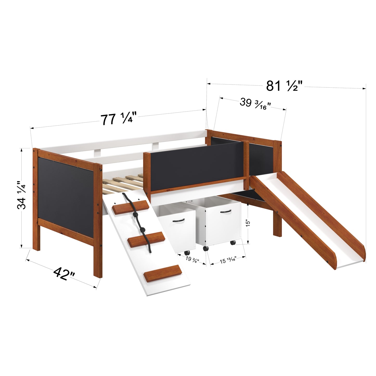 Kids loft bed with slide and chalkboard sides