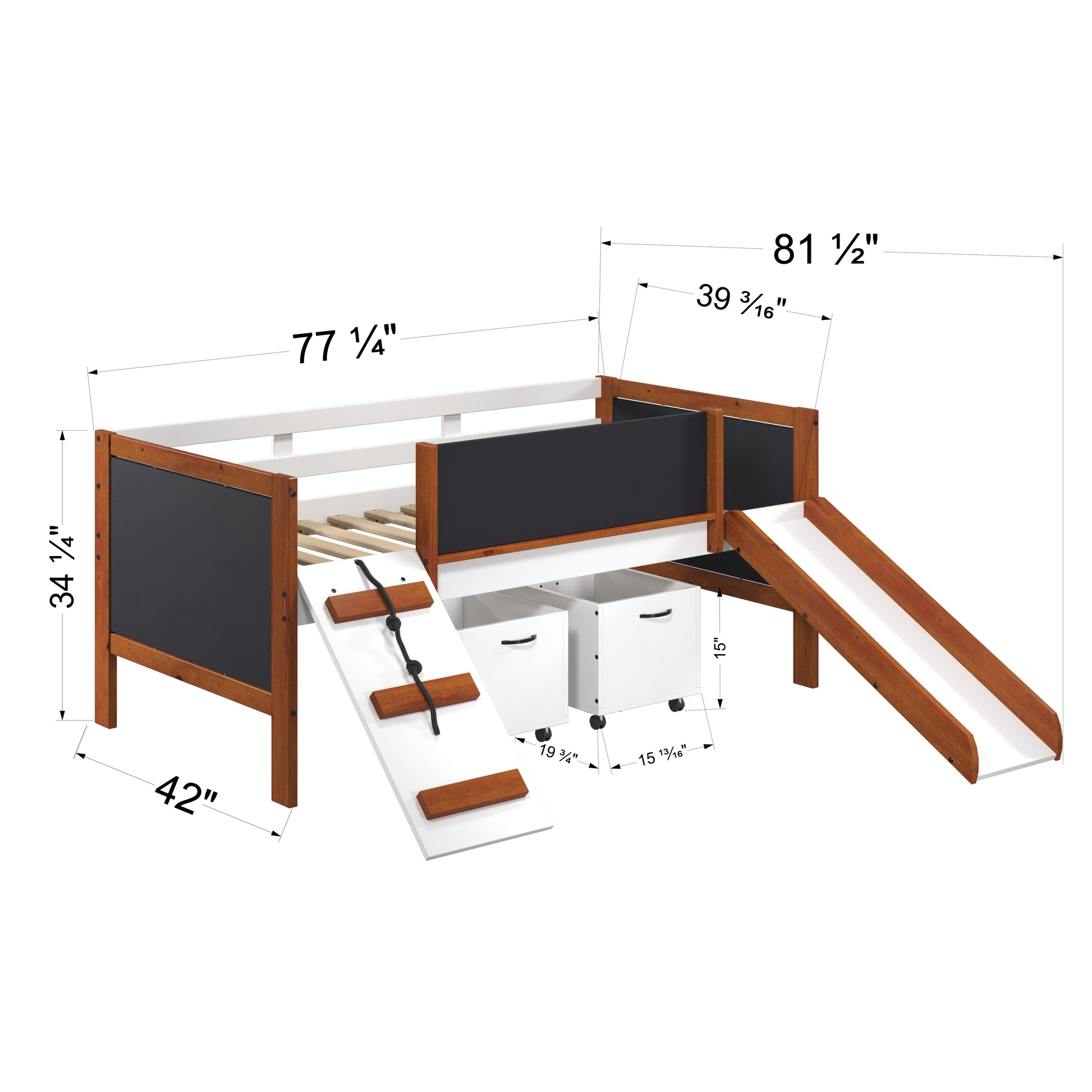 Kids loft bed with slide and chalkboard sides