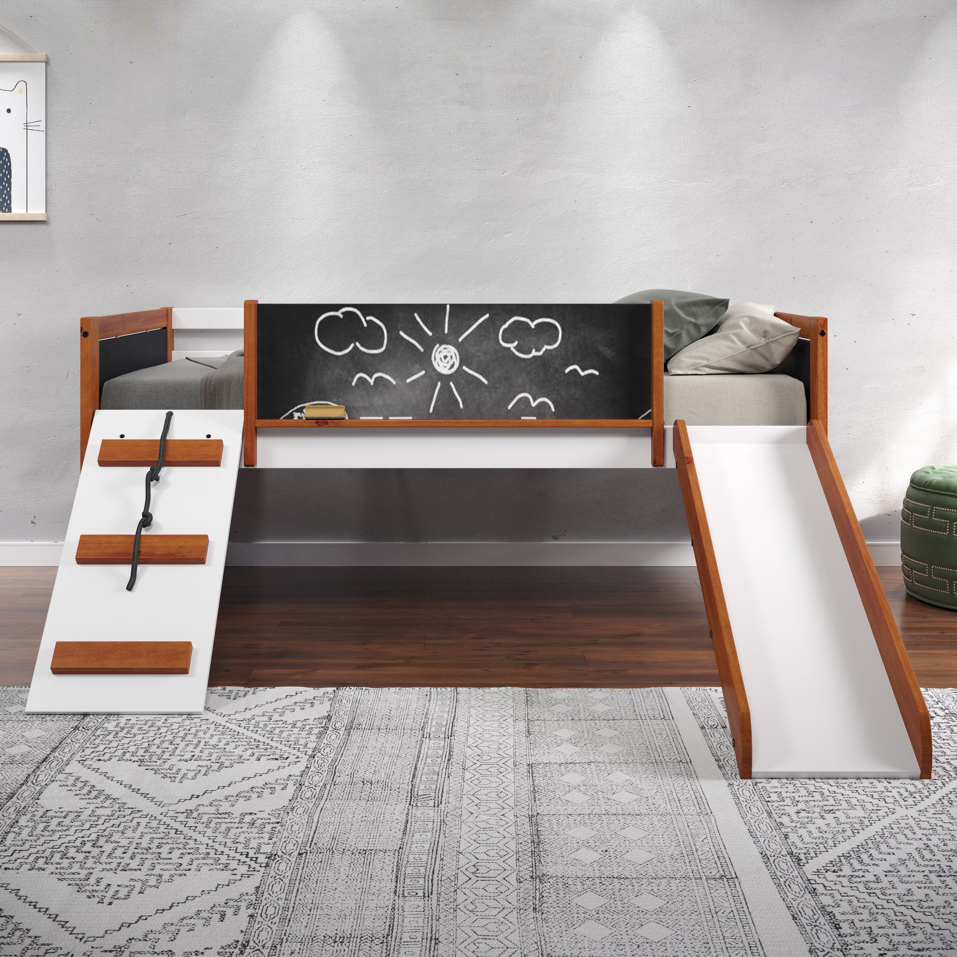 Wooden loft bed with slide and ladder for kids