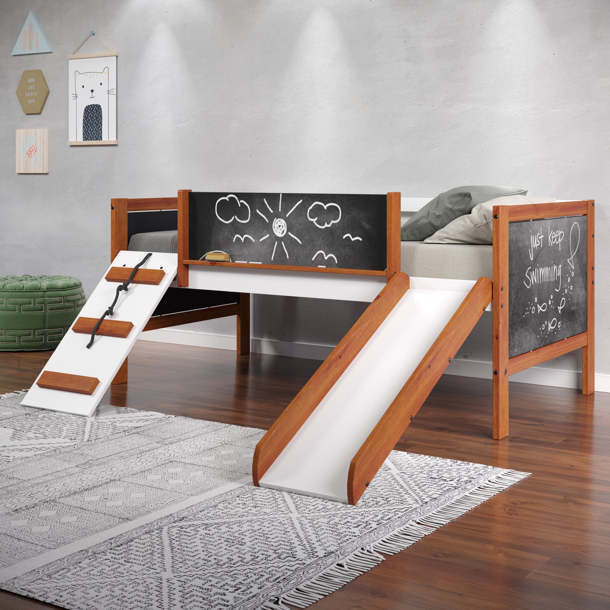 Wooden bunk bed with slide and climbing ladder for kids