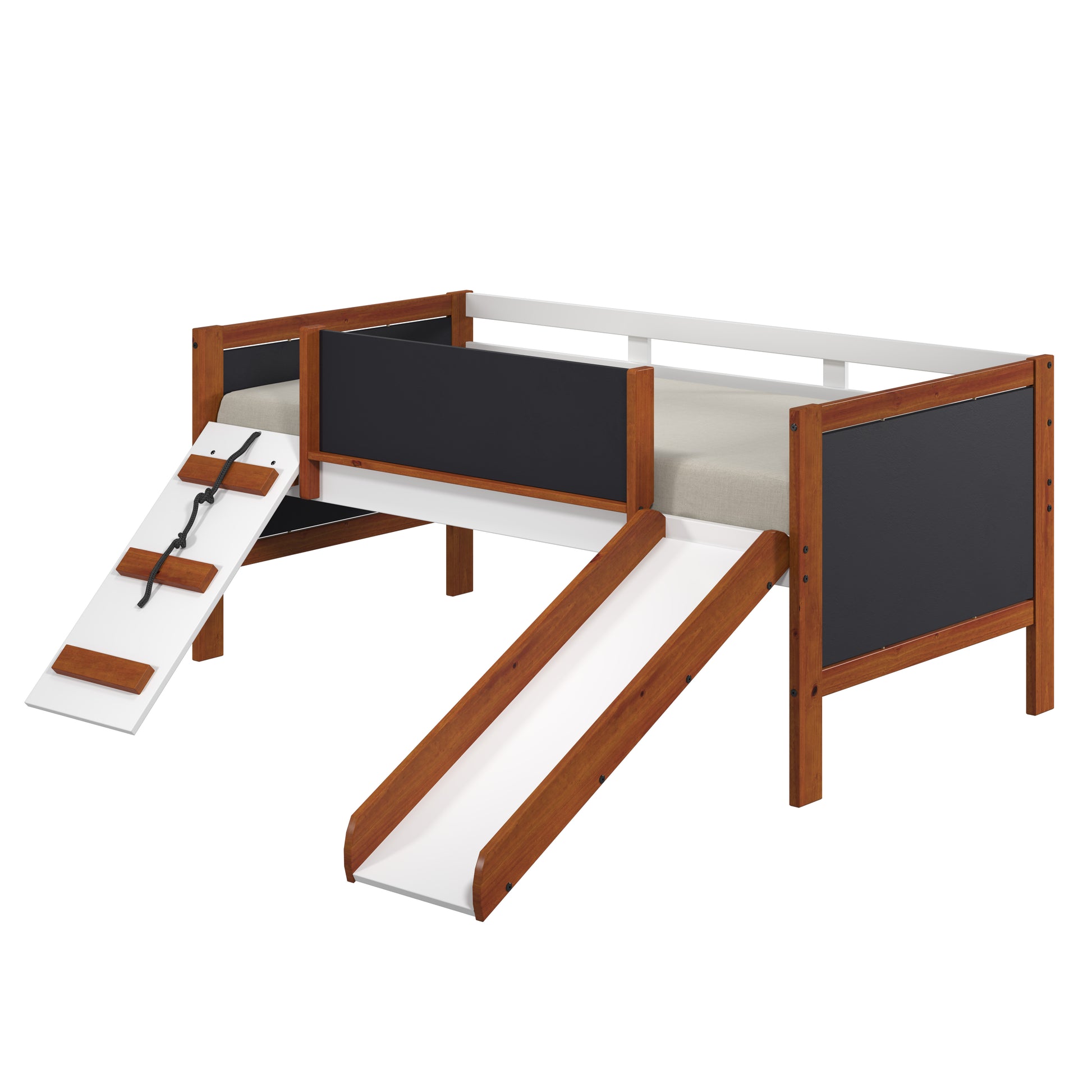 Low loft bed with slides and rope ladder