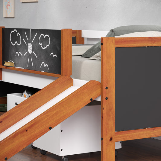 Wooden loft bed with integrated slide and chalkboard panel