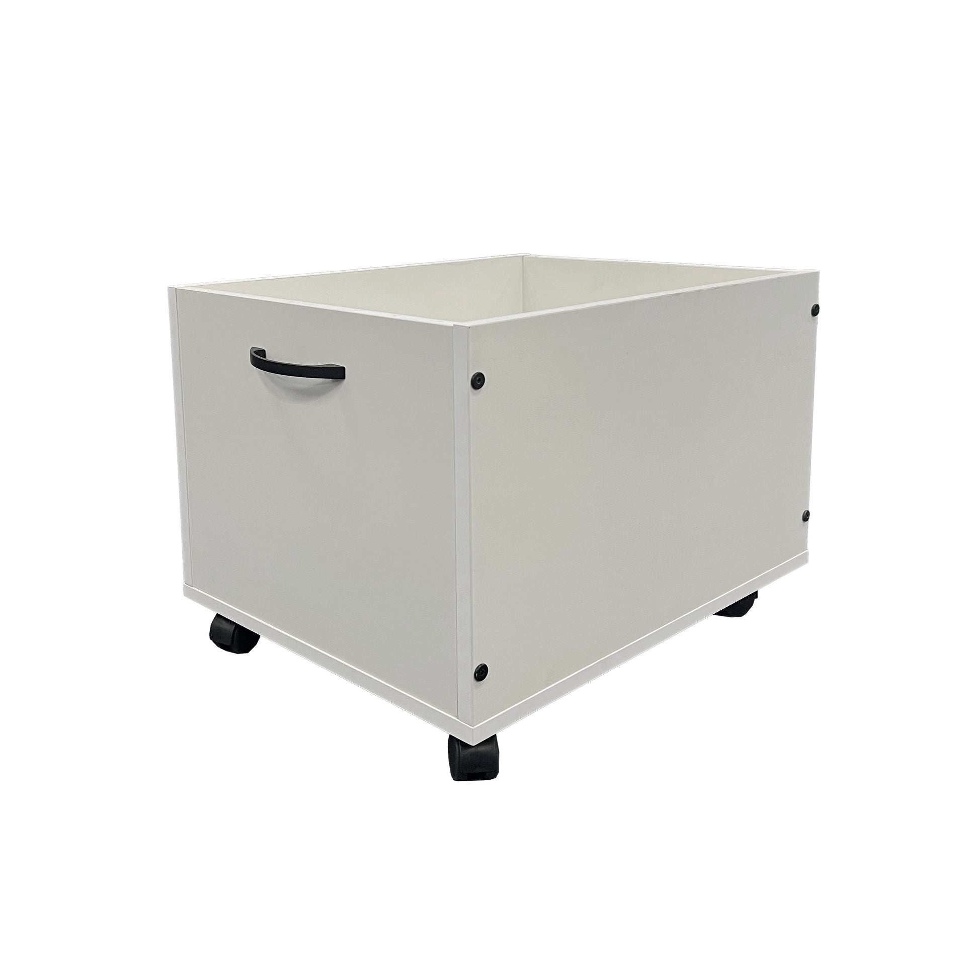 White wooden storage bin with black handle and wheels perfect for toy storage