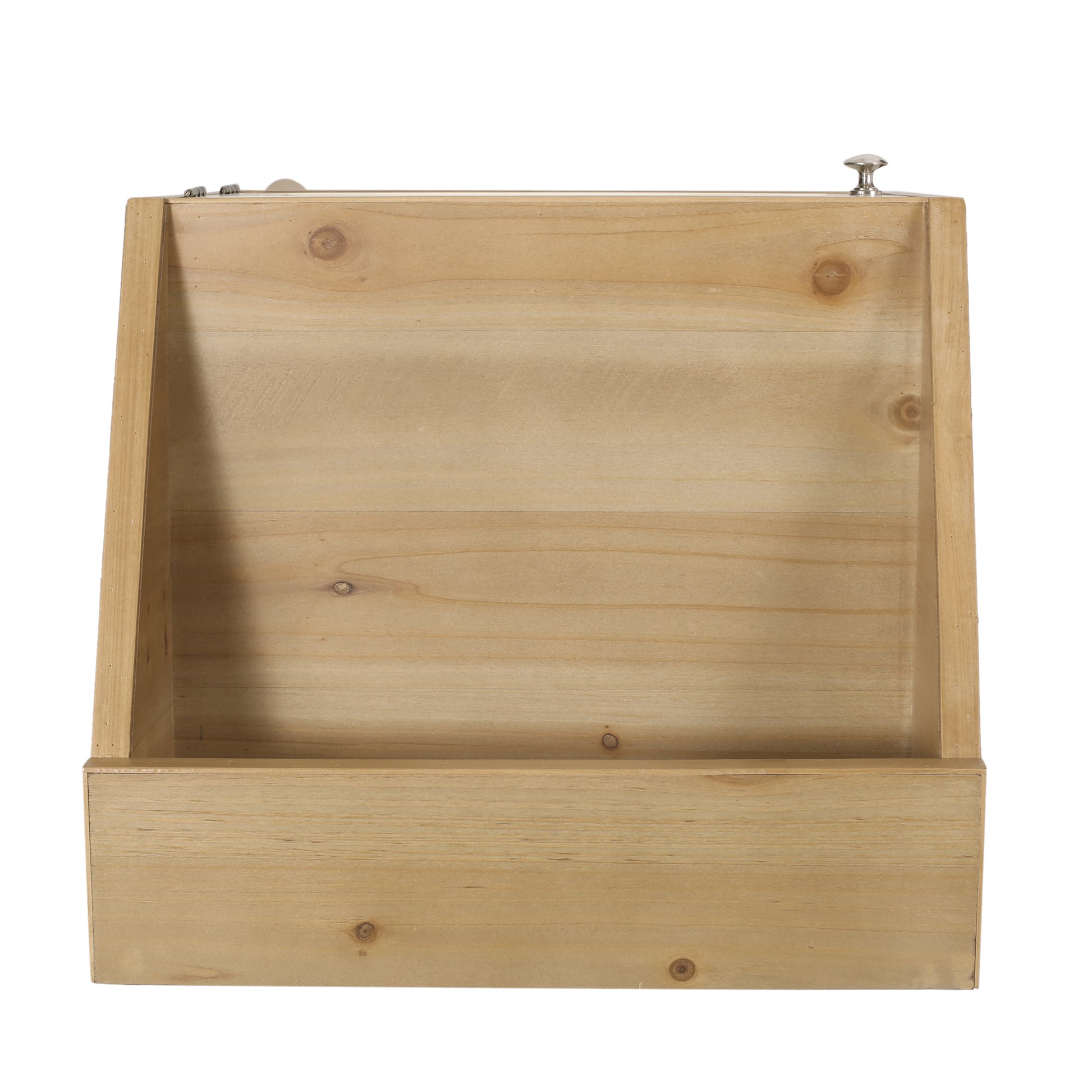 Natural pine wood storage box with metal accents perfect for tabletop organization