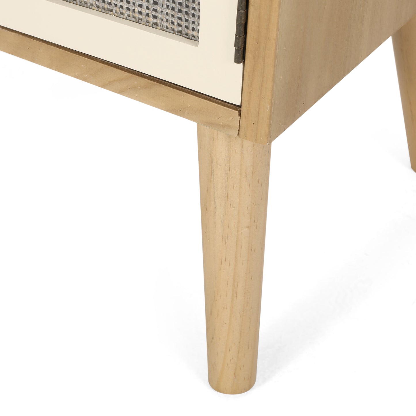 Light wood midcentury modern dresser with cane detail door and brass handle