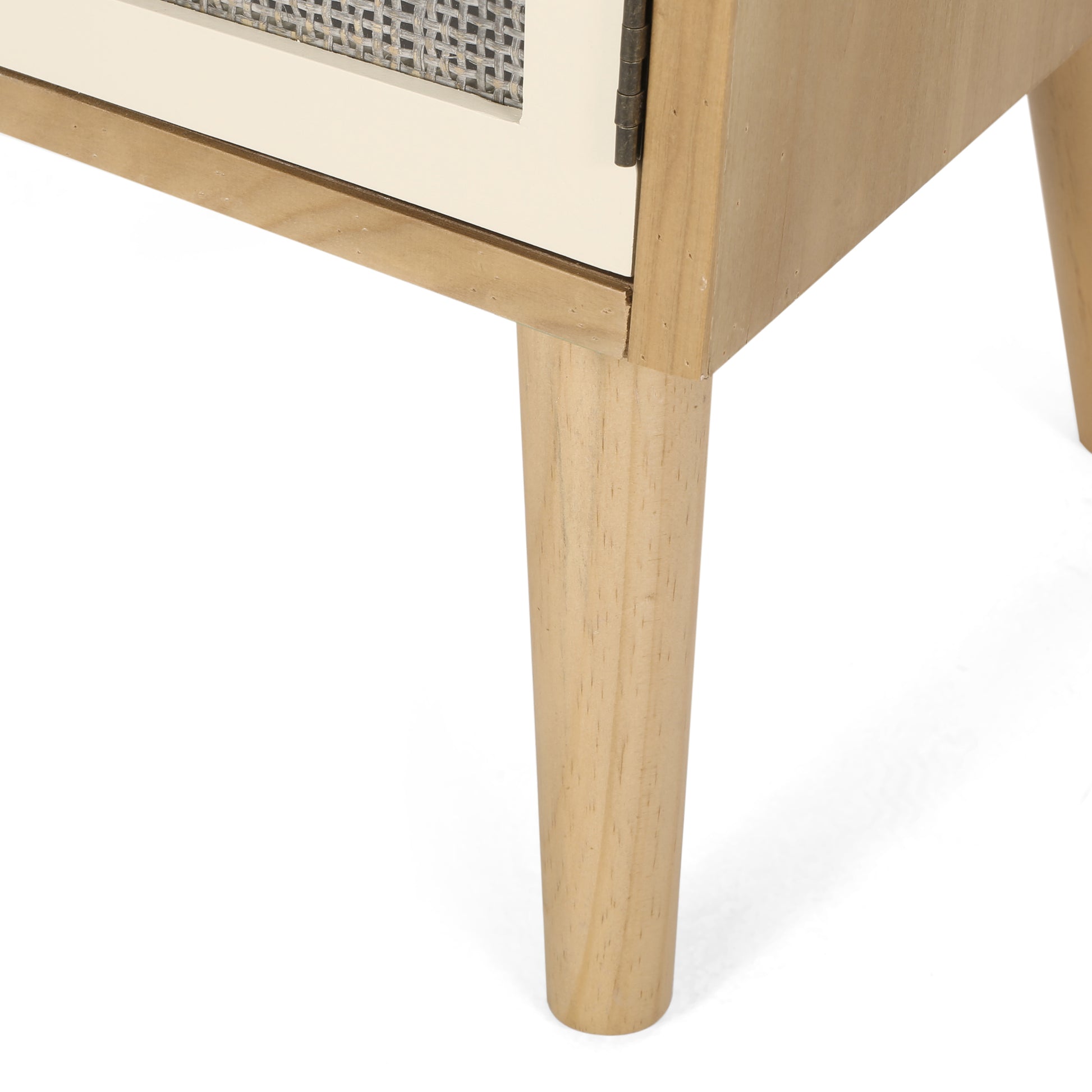 Light wood midcentury modern dresser with cane detail door and brass handle