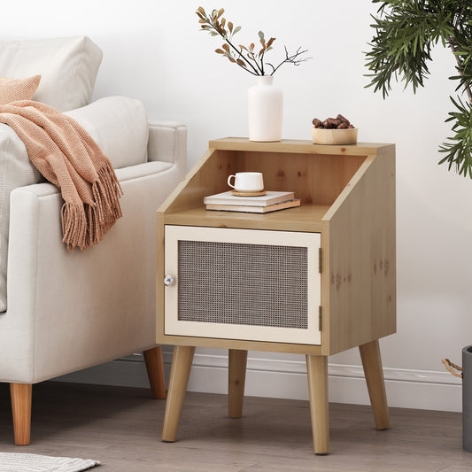 Light wood bedside table with a textured cabinet door and sleek silver handle