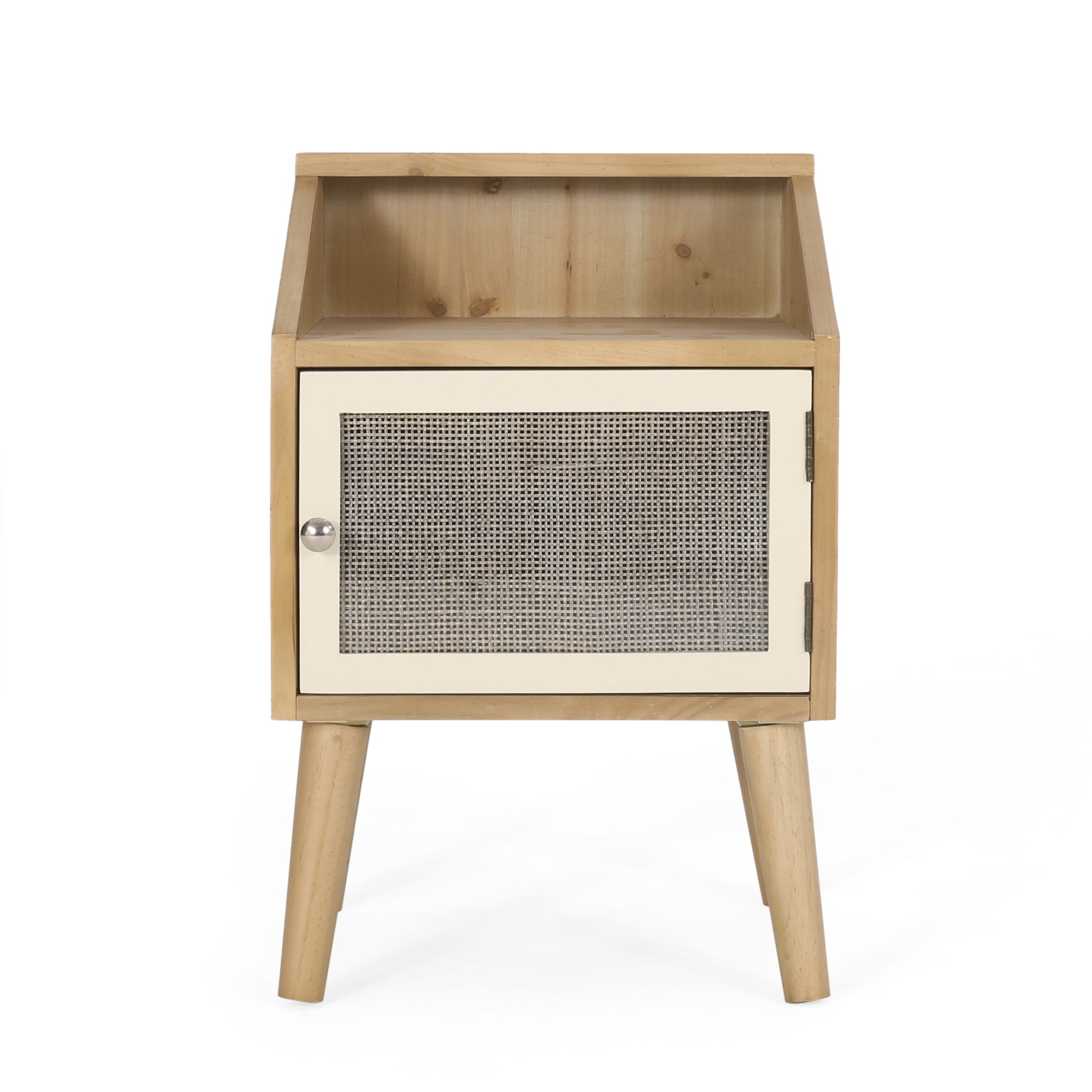 Natural wood bedside table with caneinlay cabinet door and sleek silver knob