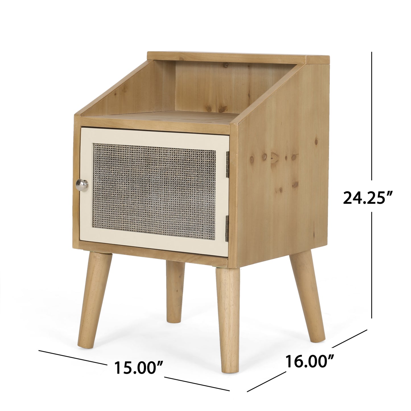 Natural wood nightstand with a canefront cabinet door and tapered legs