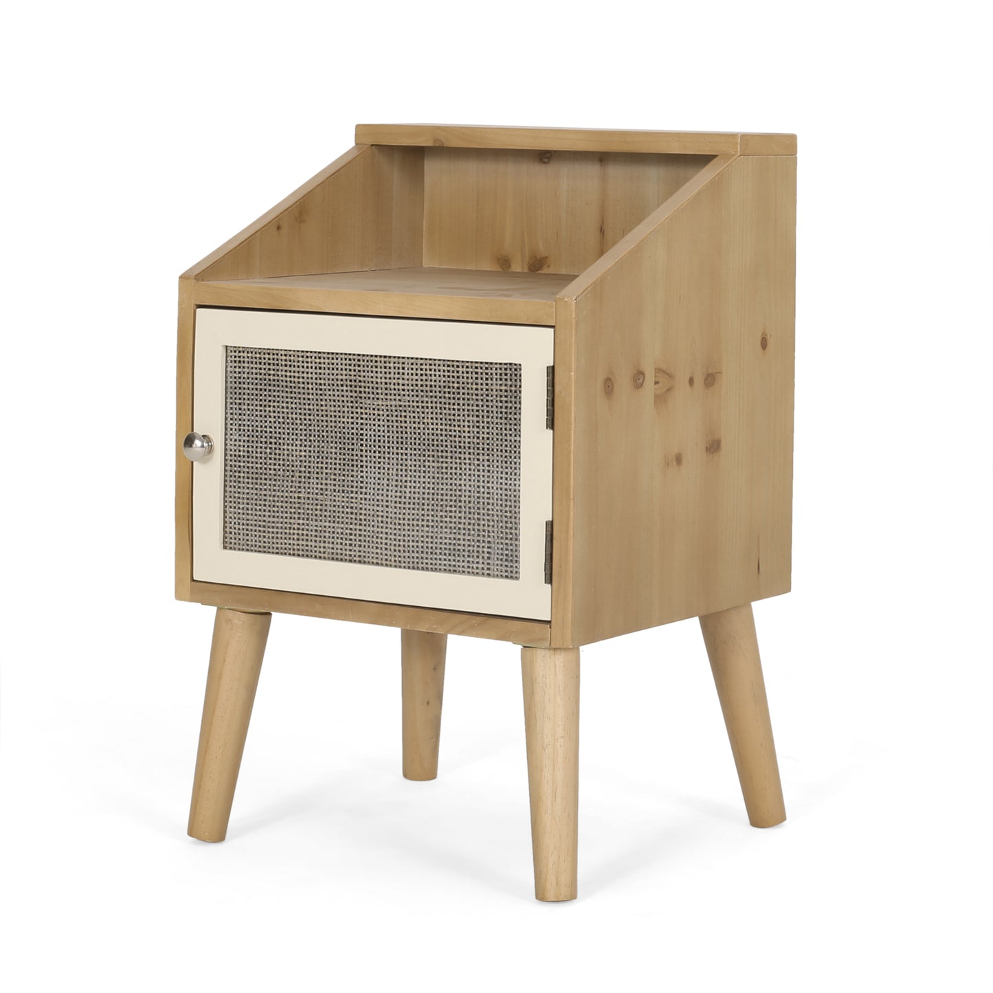 Natural wood nightstand with caneinset door and tapered legs perfect for bedroom storage