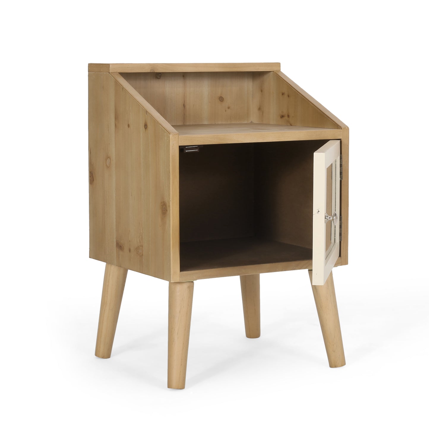 Natural wood nightstand with open shelf and a white cabinet door with glass detail