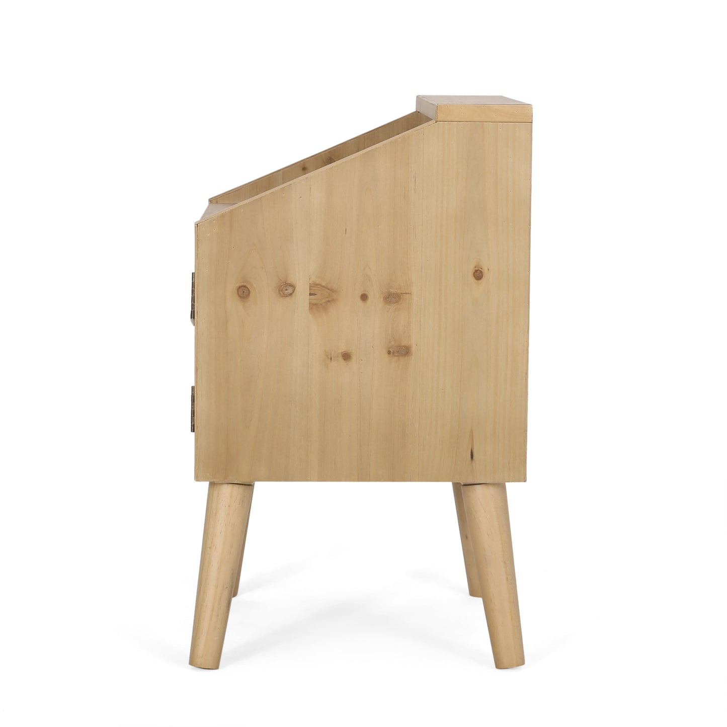 Light wood bedside table with angled top and tapered legs