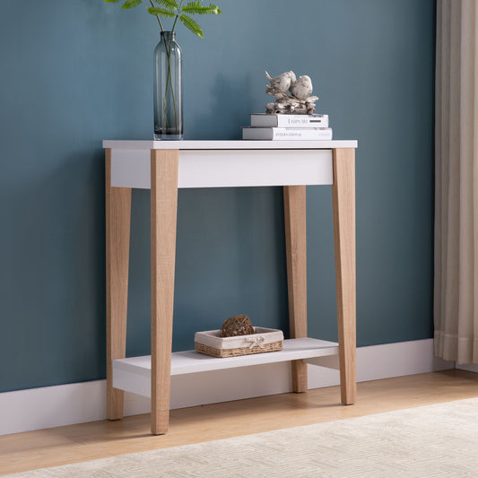 White and oak narrow entryway console table with drawer and lower shelf
