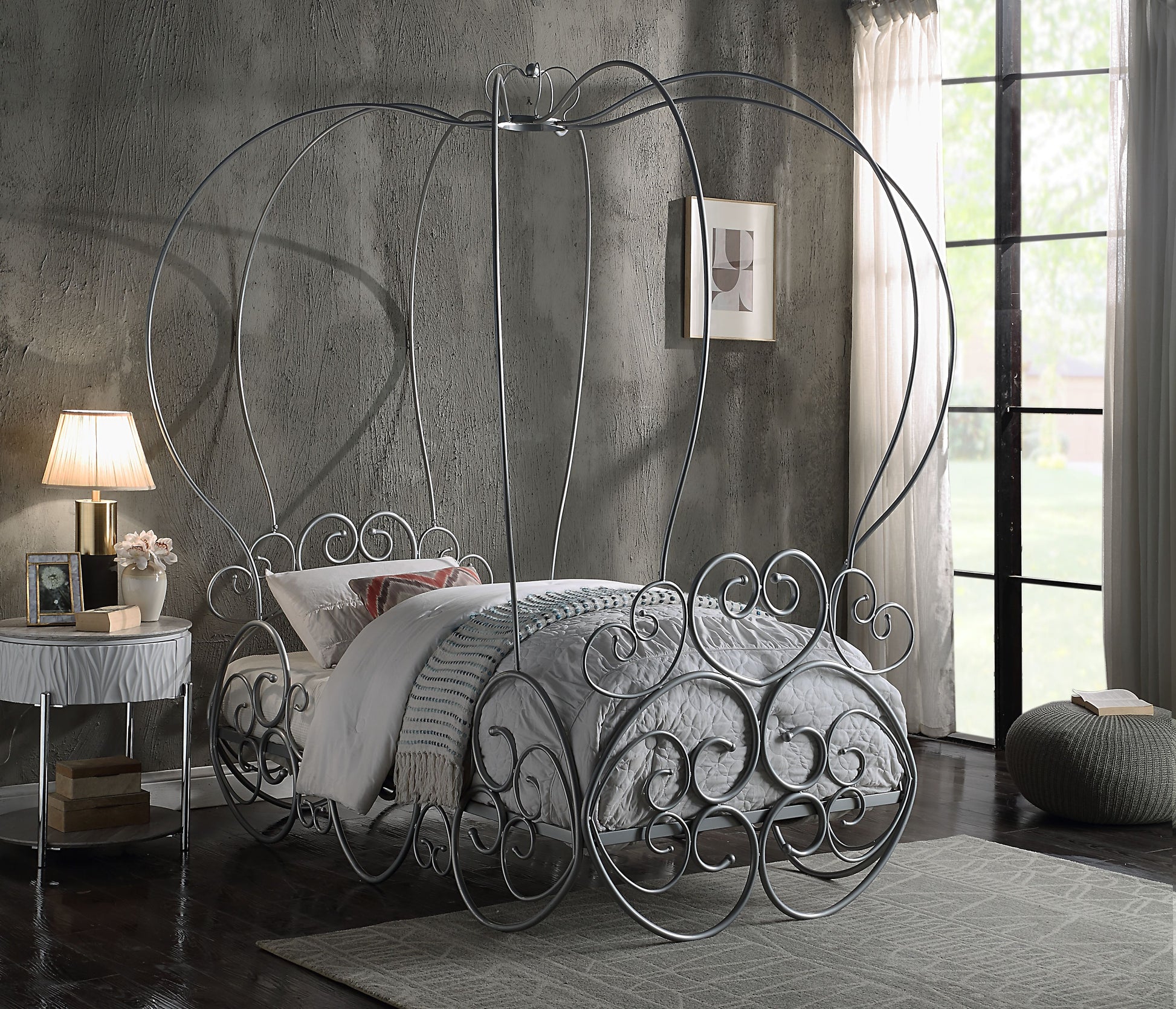 Elegant silver metal Cinderella carriage bed frame with ornate scrolling details