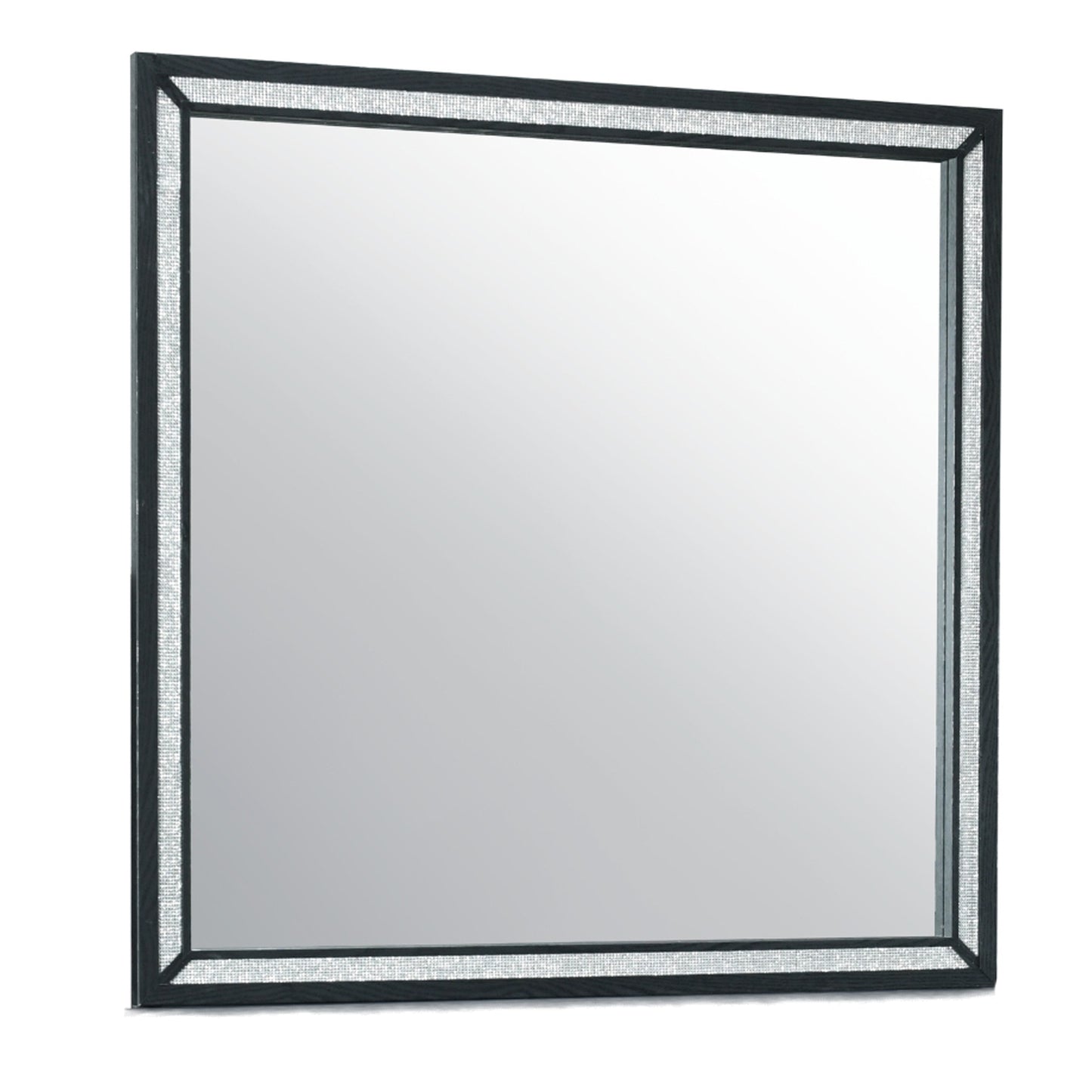 Framed square wall mirror with black wood frame and crystal mosaic inlay