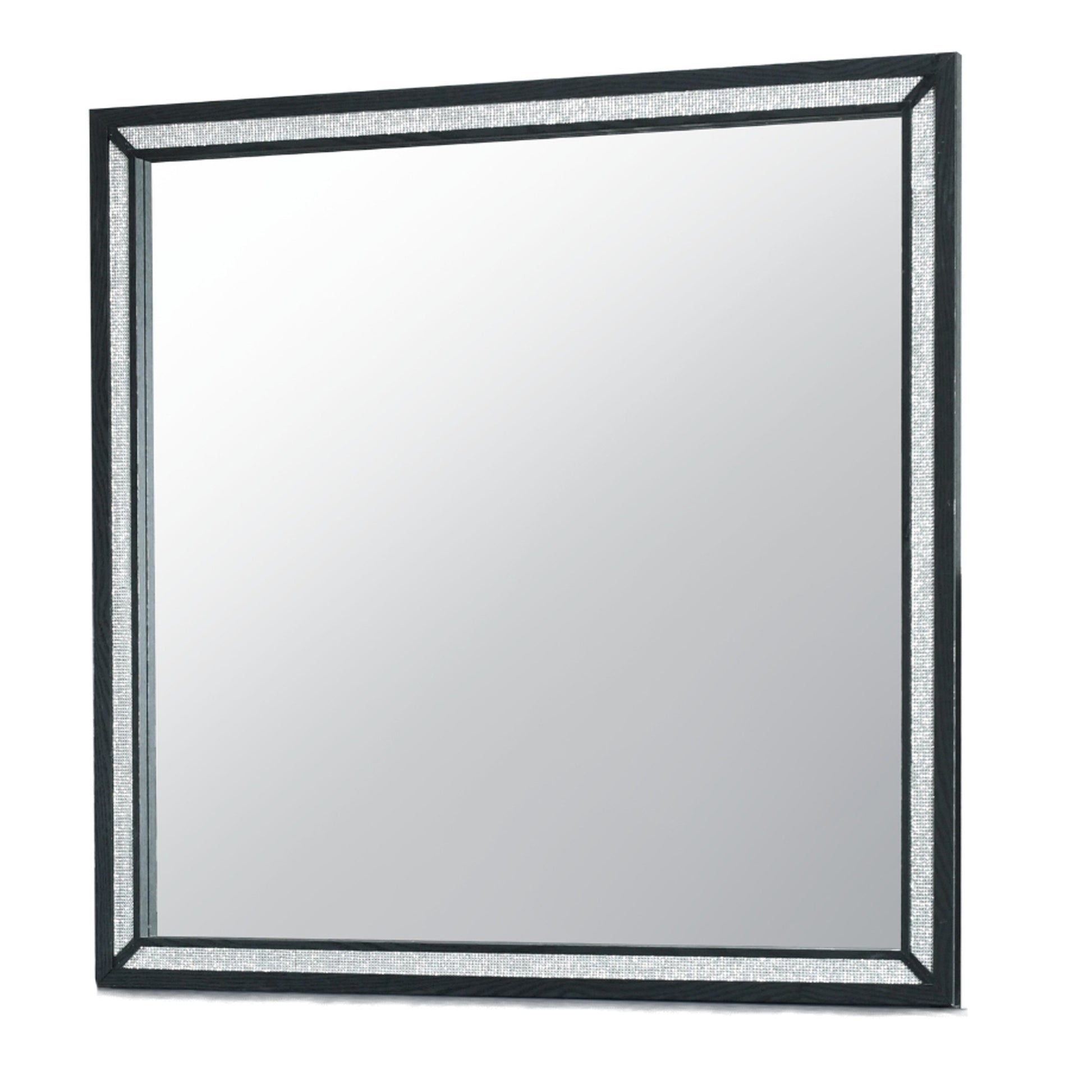 Black wood framed mirror with beveled crystal inlay border perfect for entryway or vanity