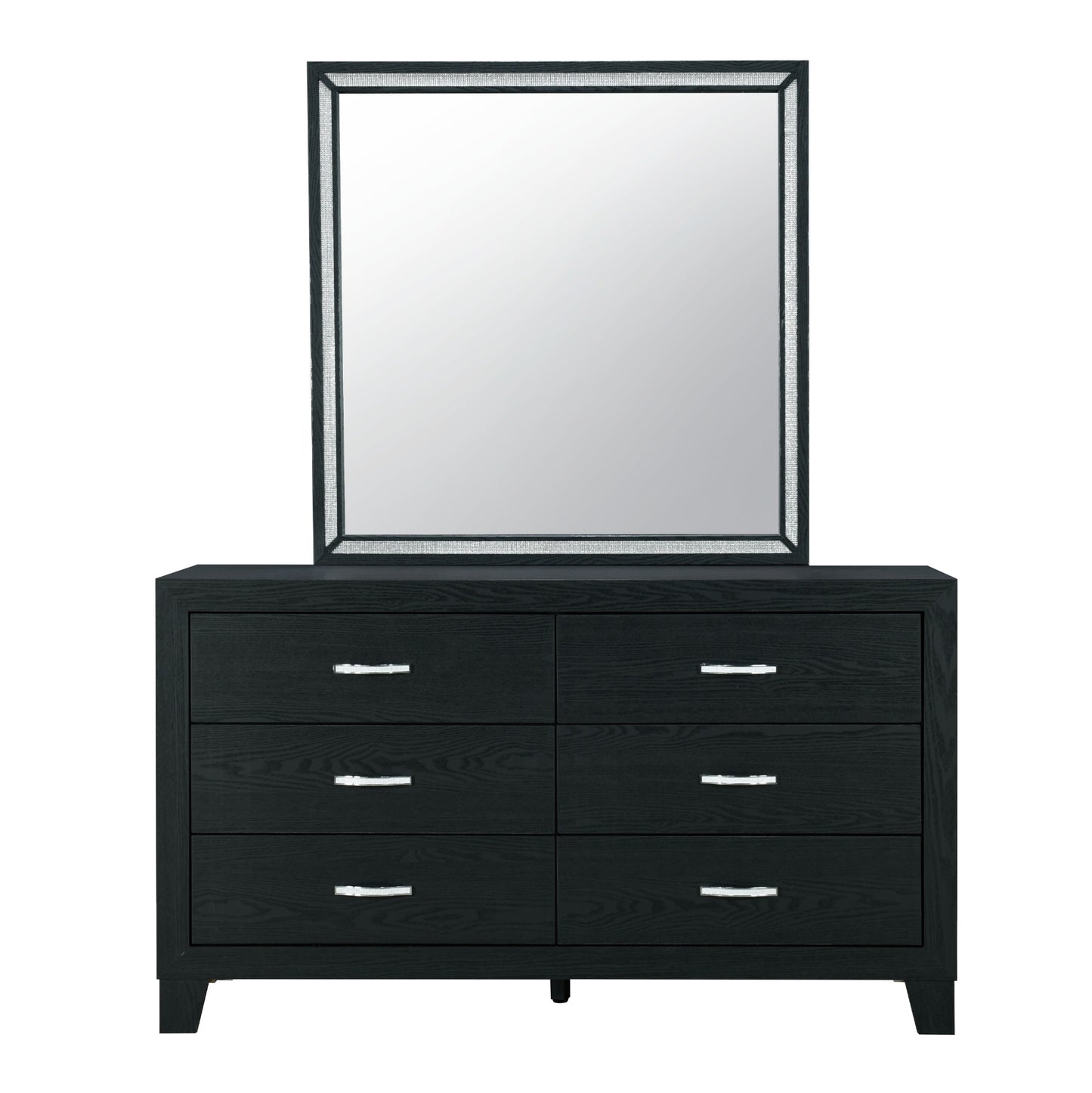 Black oak dresser with six drawers and mirrored frame
