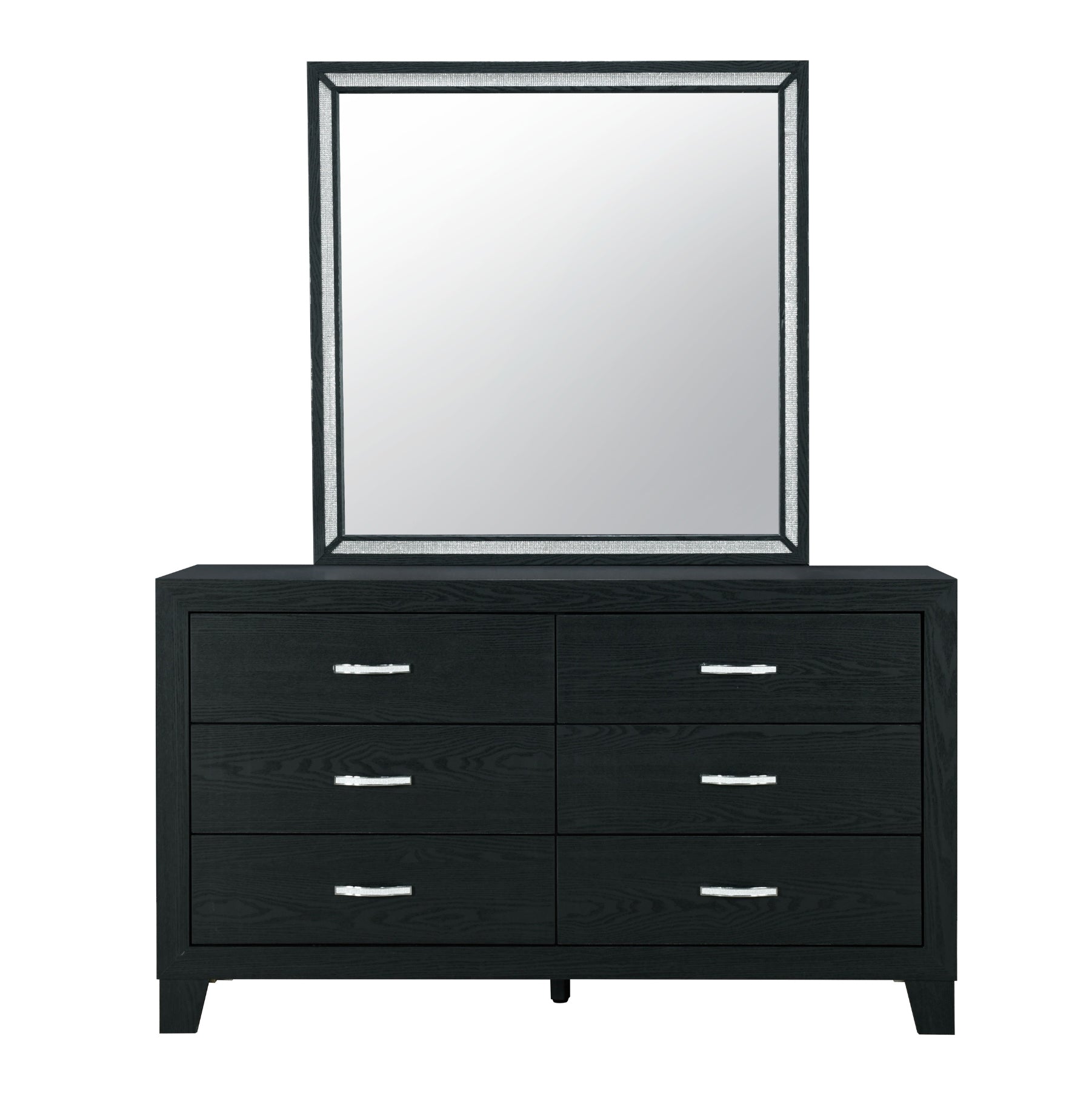Black oak dresser with six drawers and mirrored frame