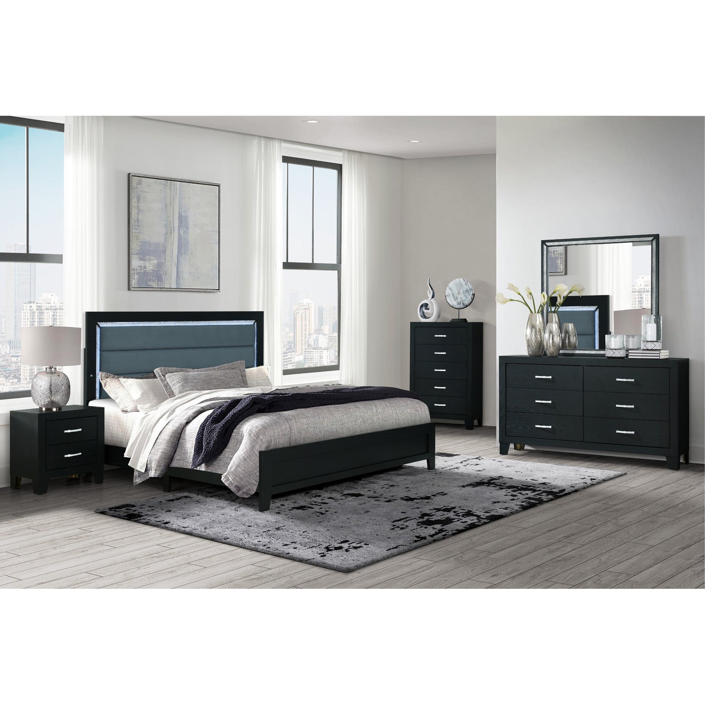 Black modern queen bed with LED headboard lighting and plush bedding