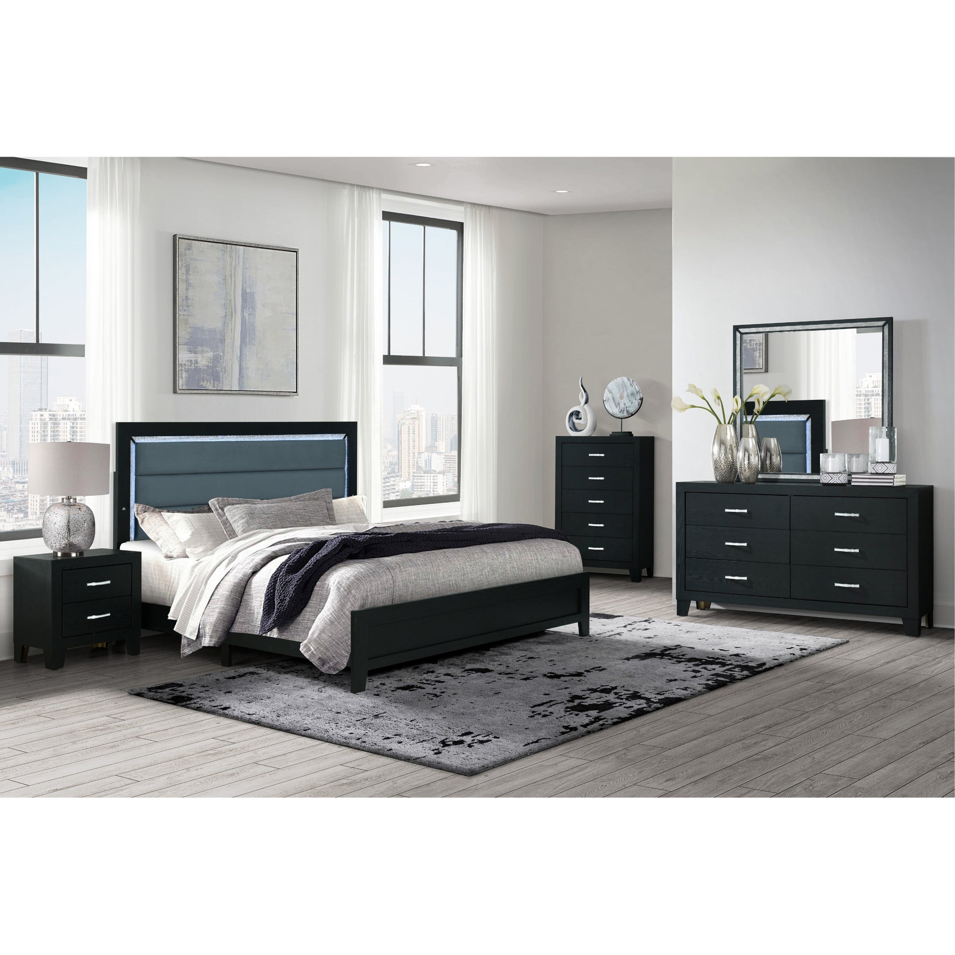 Black modern queen bed with LED headboard lighting and plush bedding