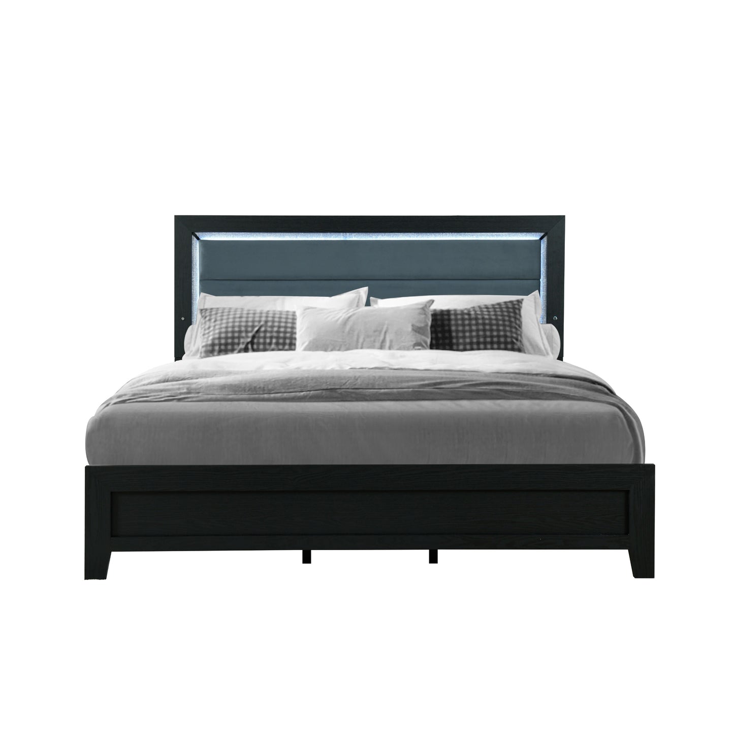 Dark wood platform bed with blue upholstered headboard and LED lights