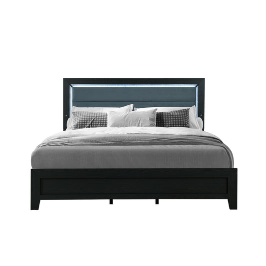Dark wood platform bed with blue upholstered headboard and LED lights