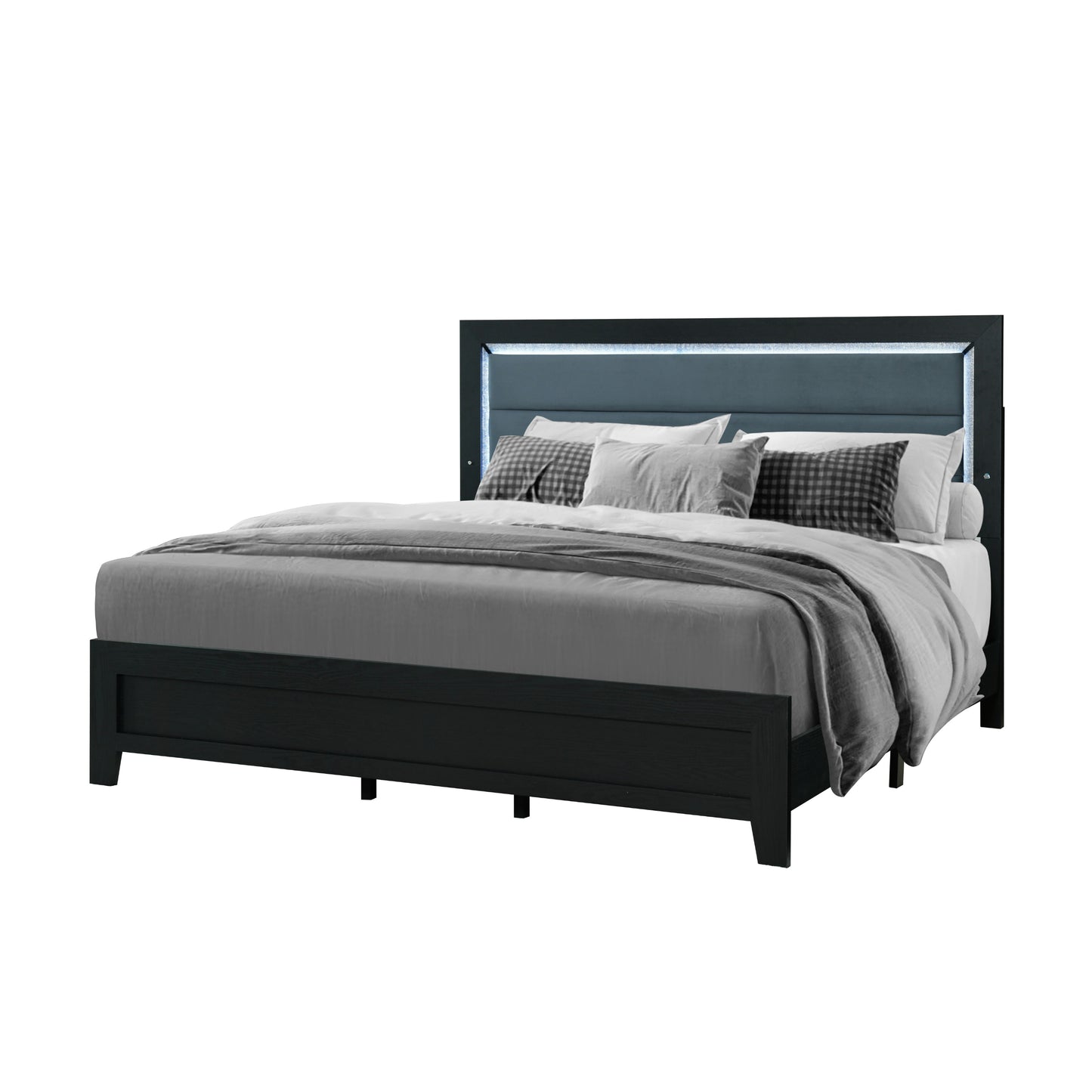 Black modern platform bed with upholstered headboard and LED lighting