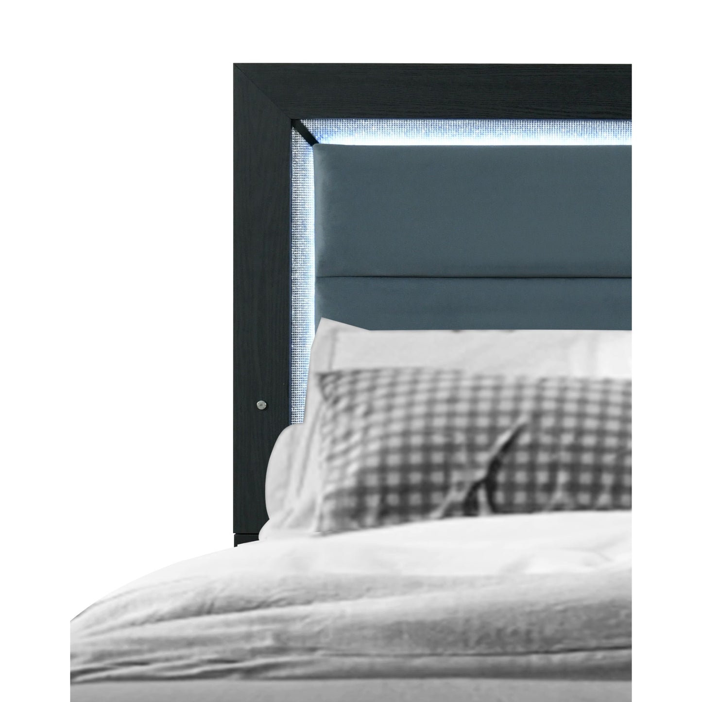 Modern upholstered headboard in grey fabric with integrated LED lighting and dark wood frame