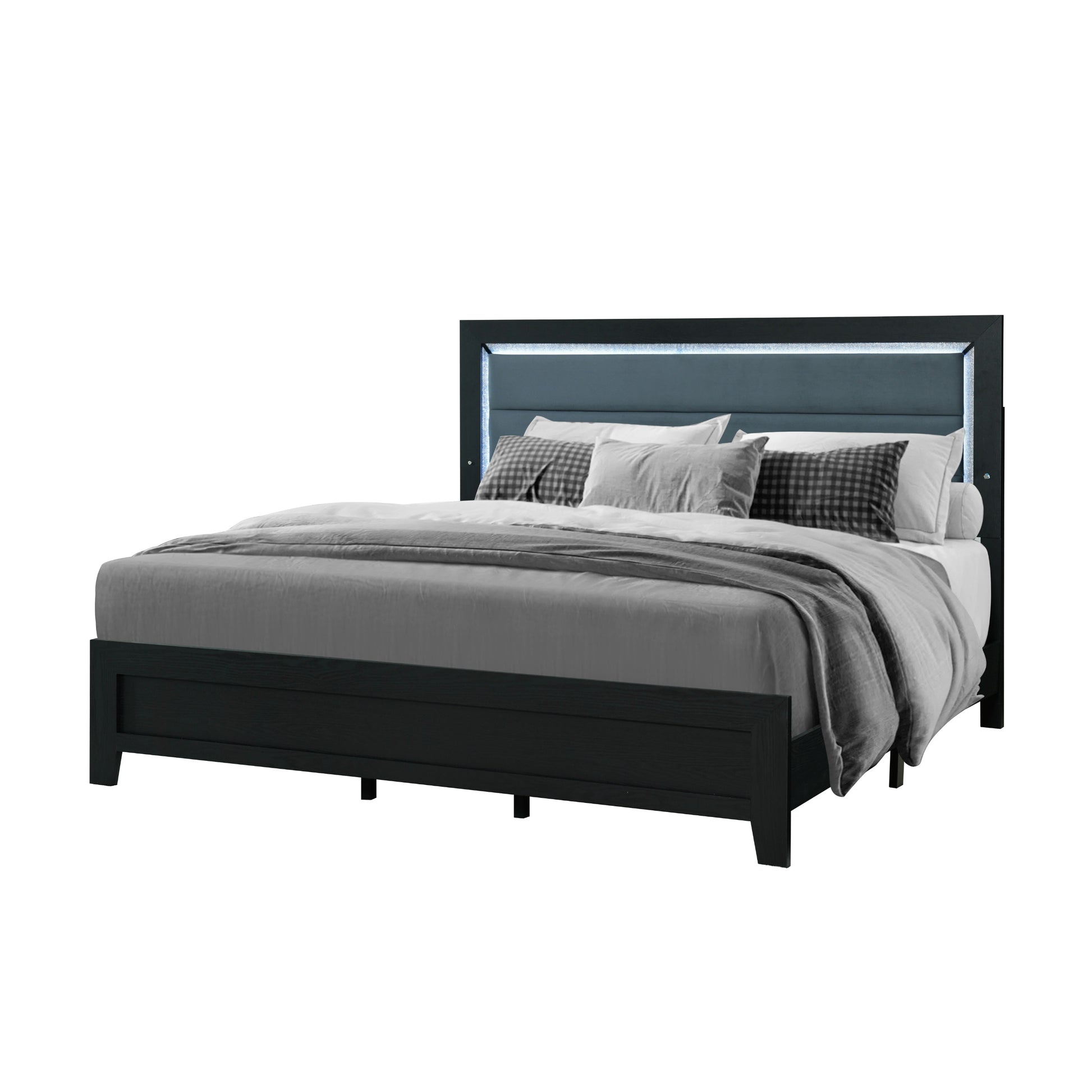 Dark wood king size bed with upholstered LED headboard and gray bedding