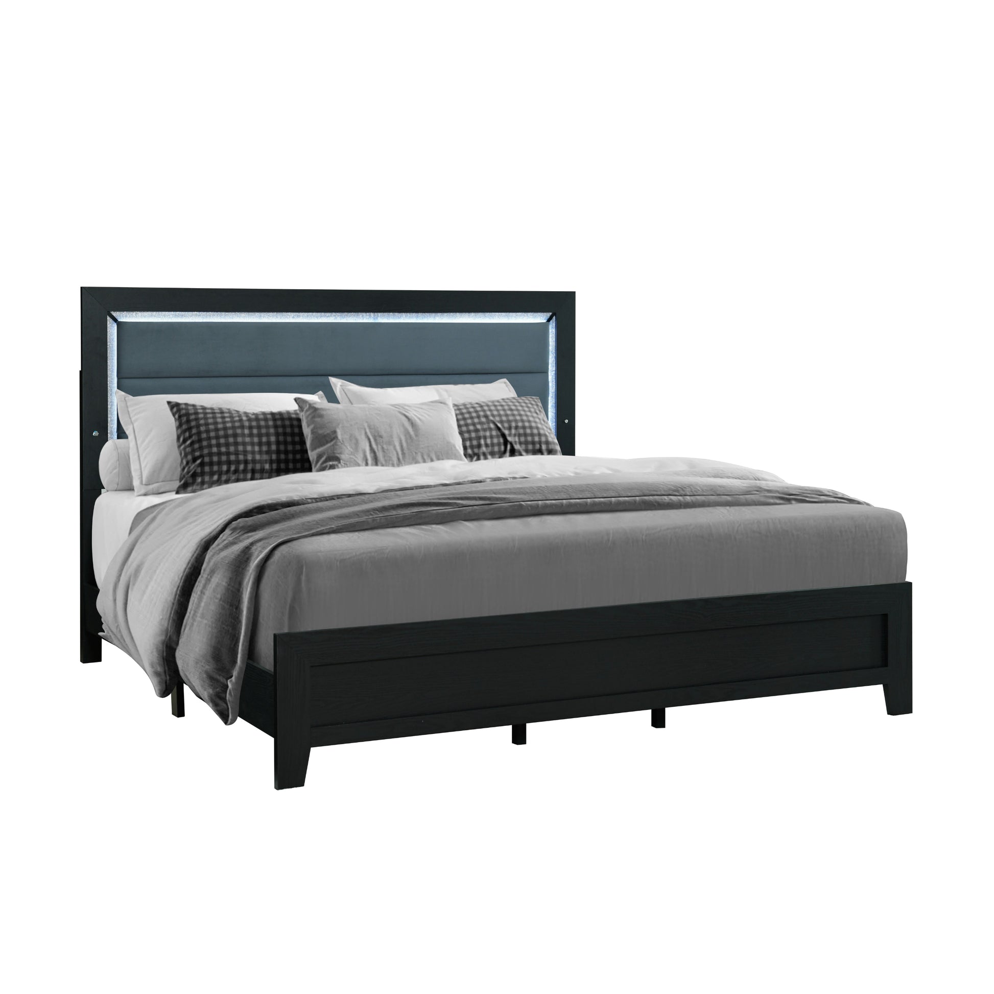 Modern charcoal grey upholstered king bed with LED lighting and sleek wooden frame