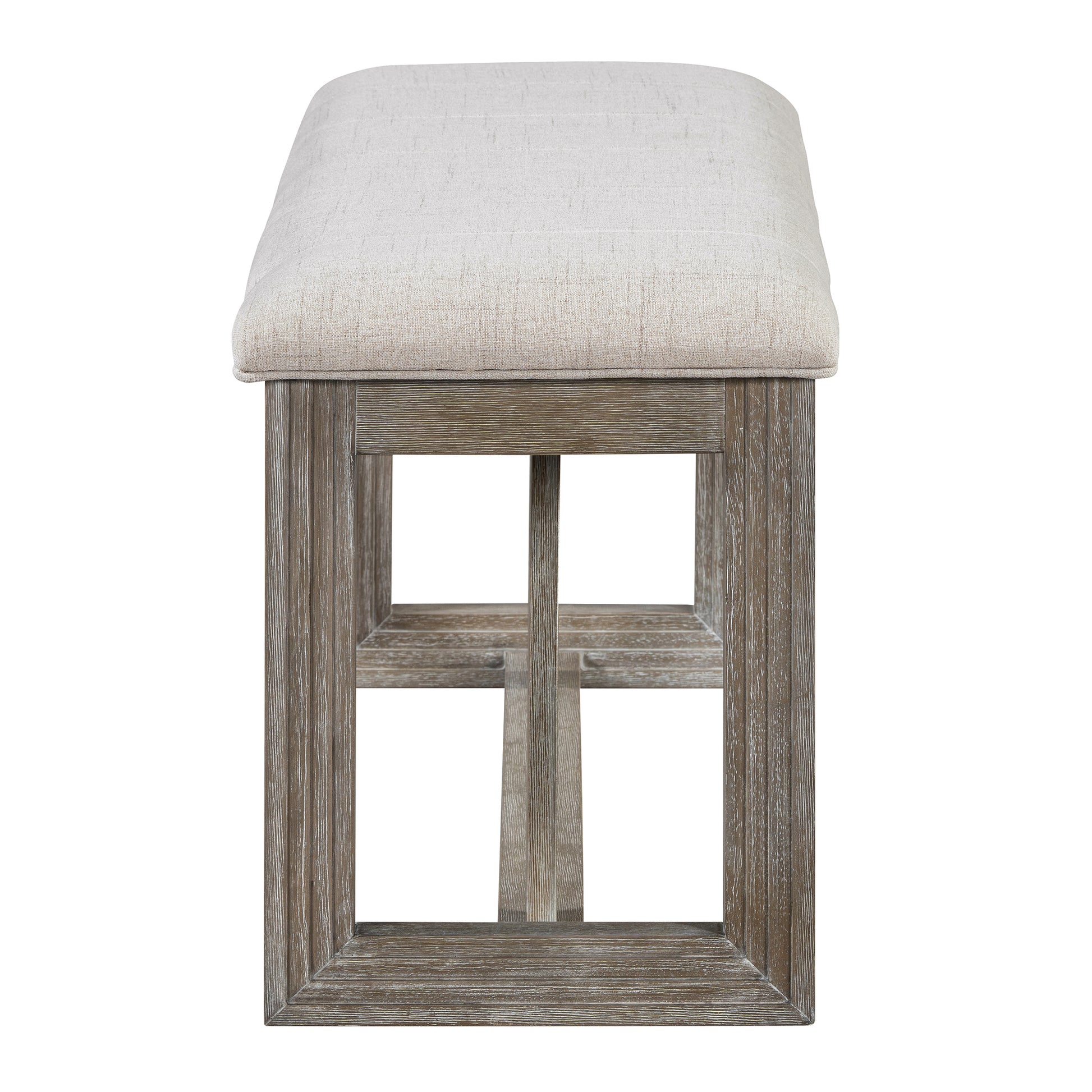 Upholstered bench with light beige fabric seat and weathered grey wooden frame