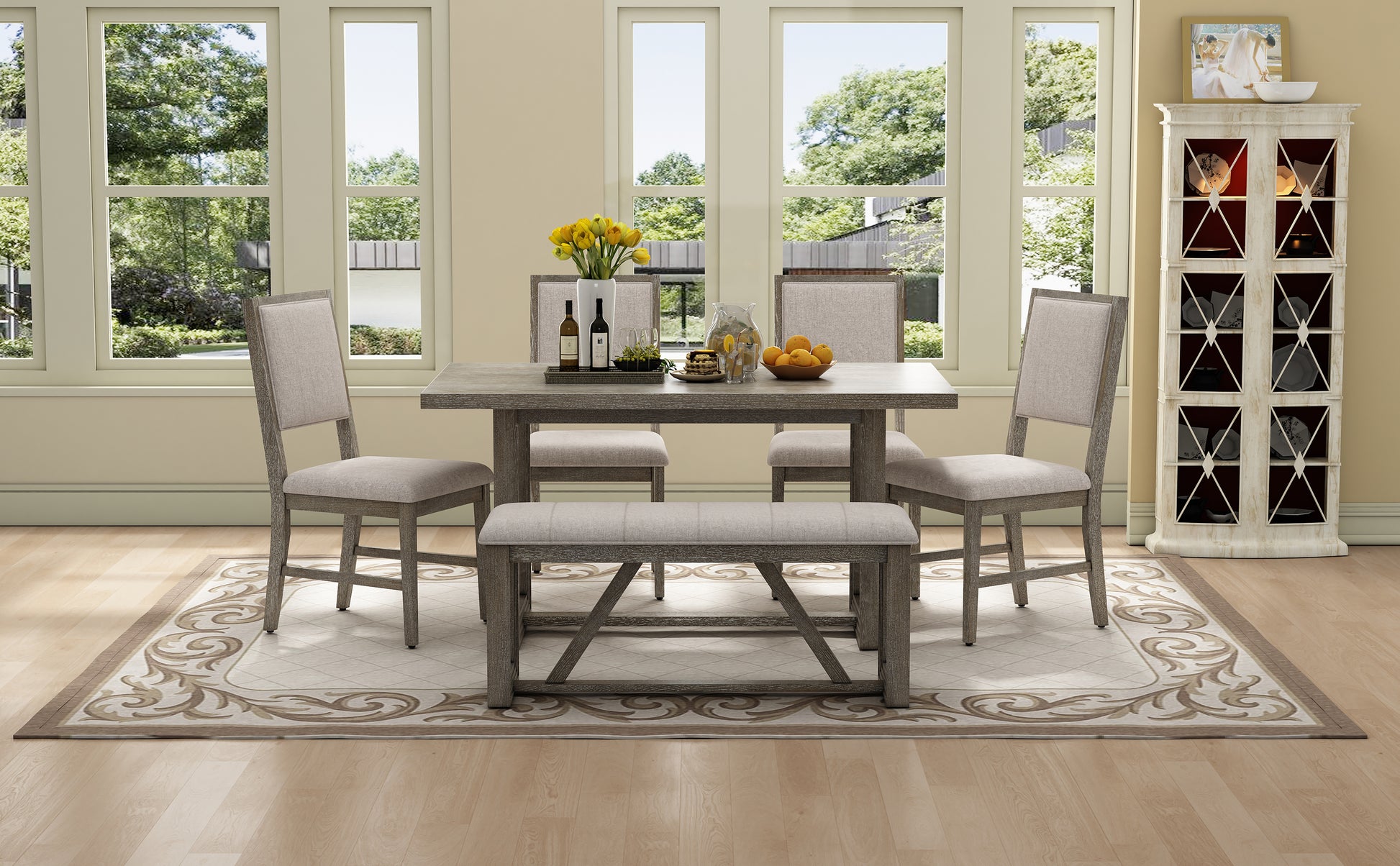 Rustic gray oak dining set with upholstered chairs