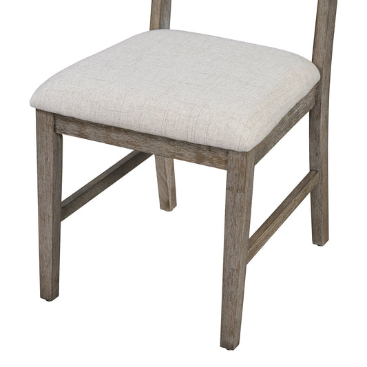 Upholstered dining chair with light beige fabric seat and distressed grey wood frame