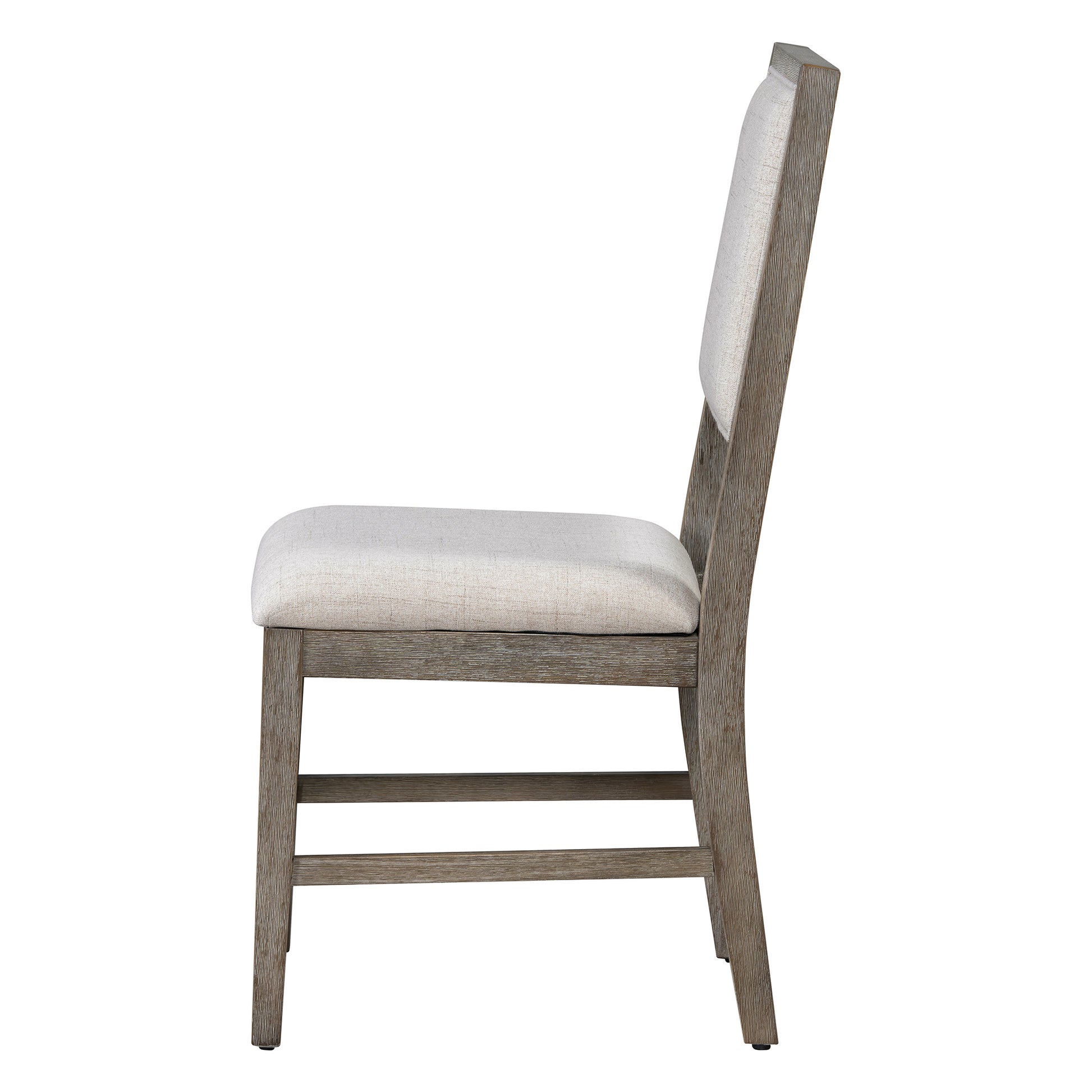 Modern dining chair with light beige upholstered seat and back