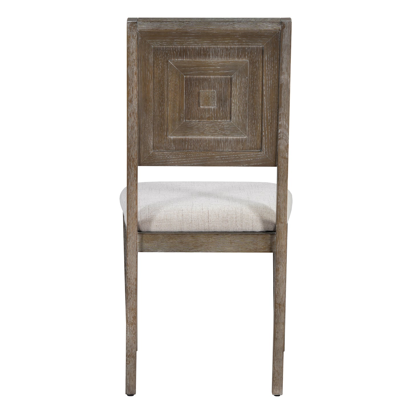 Rustic oak dining chair with textured wood back and light linen upholstered seat