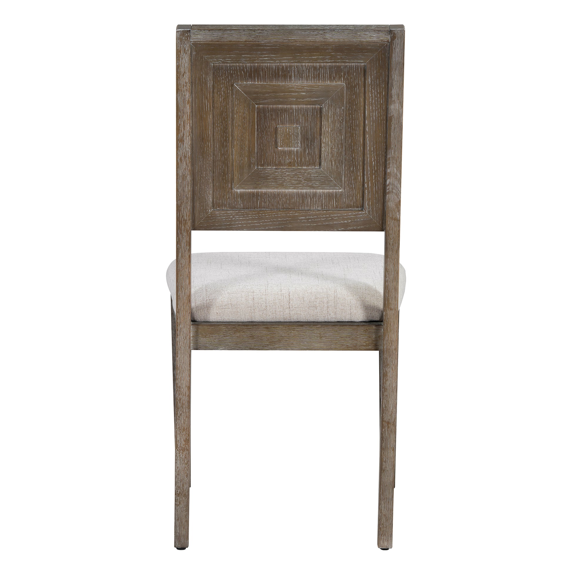 Rustic oak dining chair with textured wood back and light linen upholstered seat