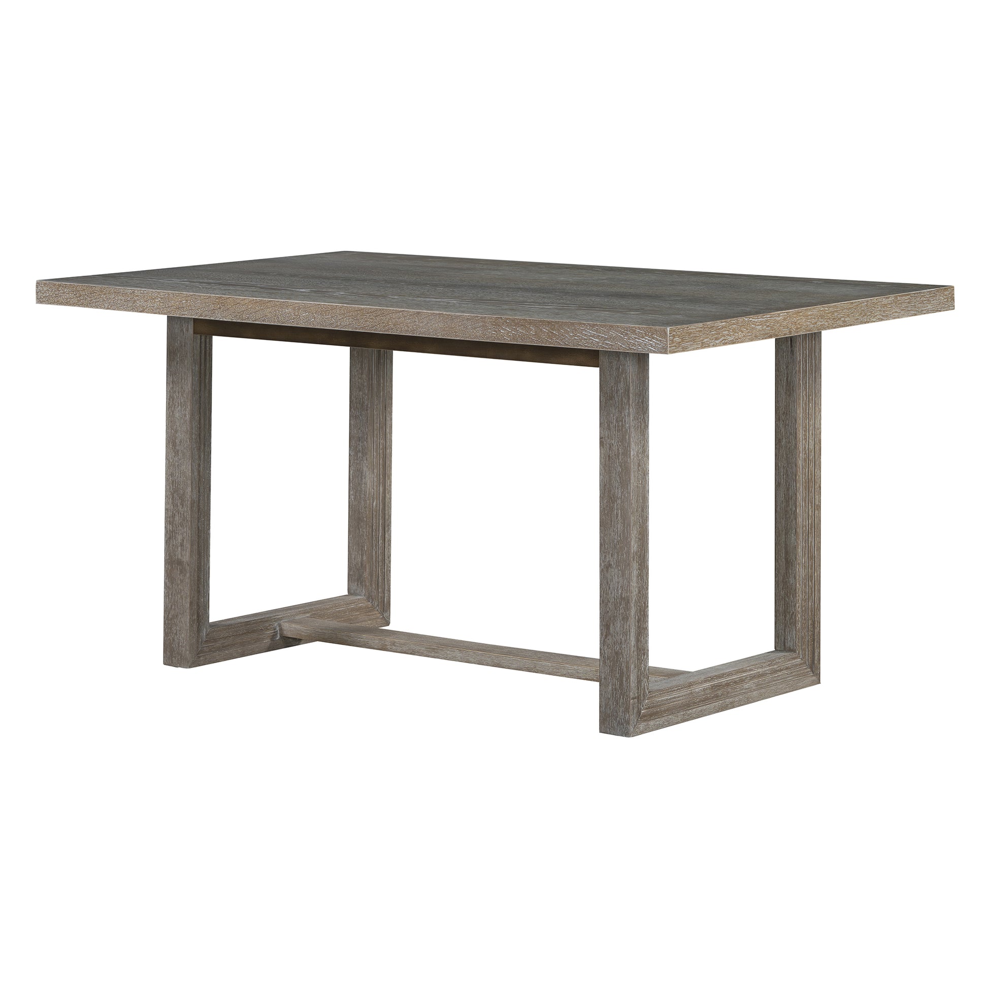 Distressed wood dining table with grey textured top and sturdy base