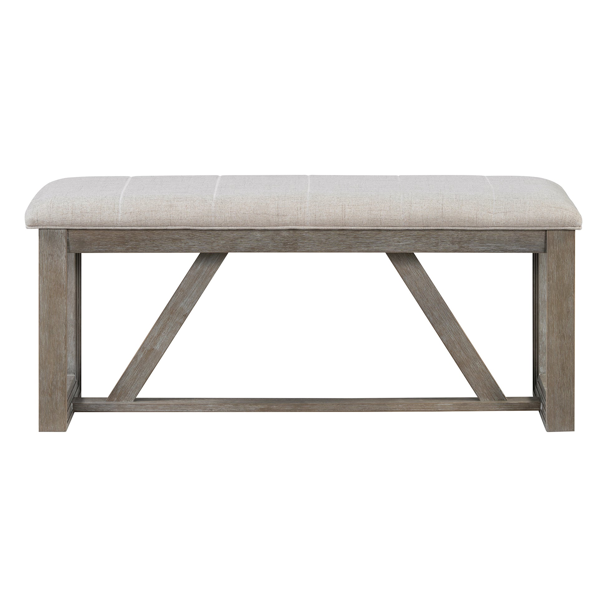Tufted linen upholstered bench with weathered wood frame and crisscross leg detail