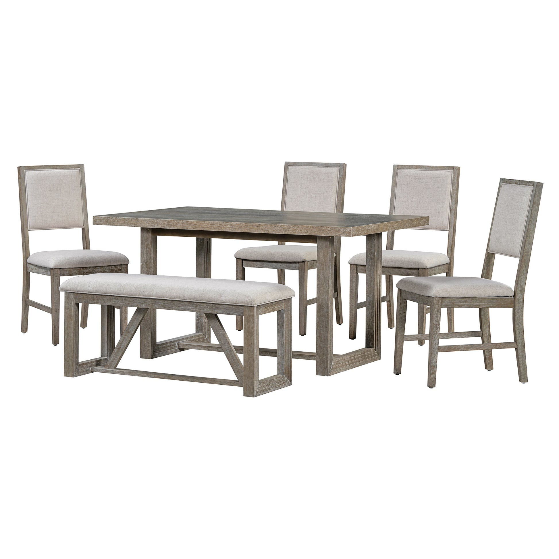 Rustic gray dining set with upholstered chairs and bench