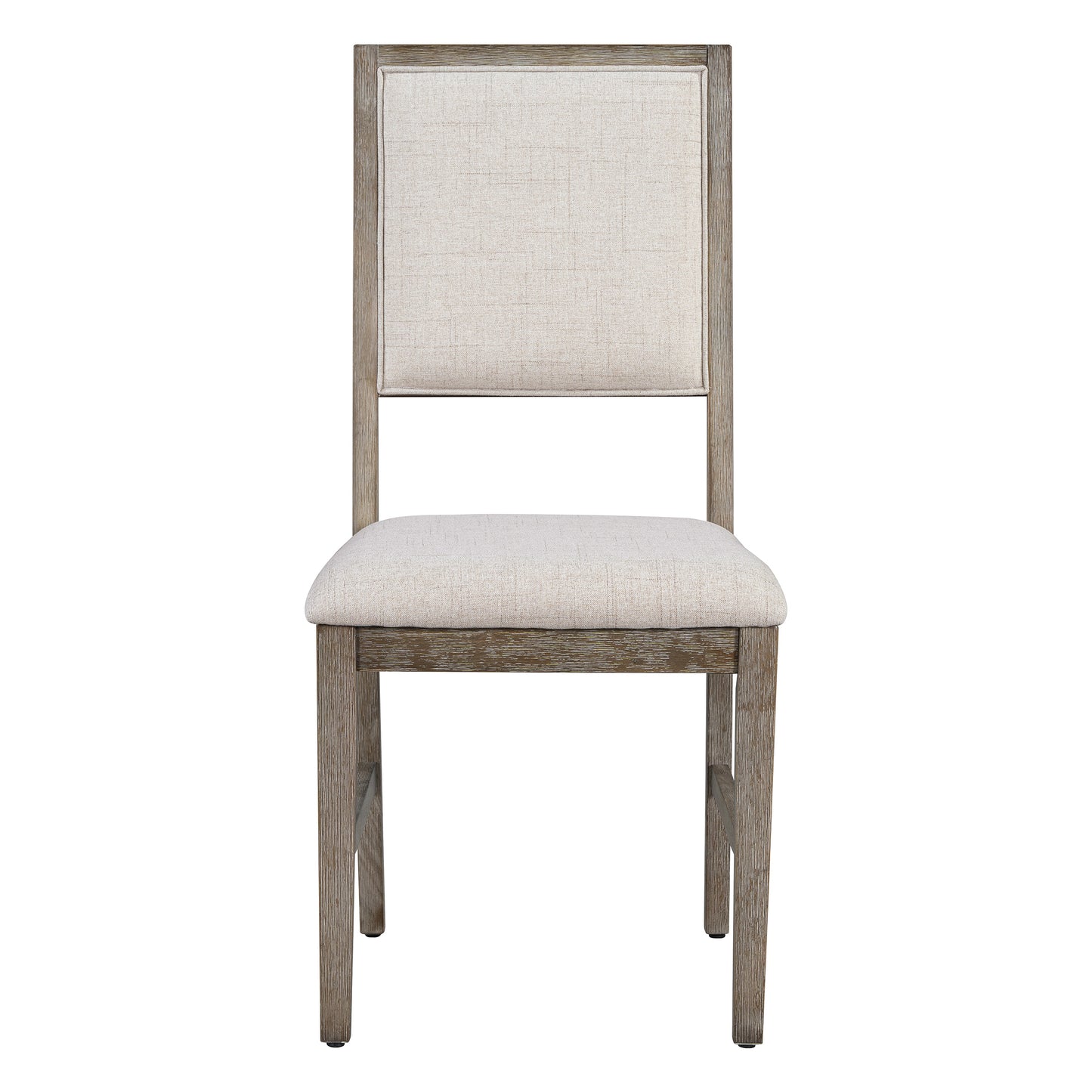 Rustic wood dining chair with beige linen seat and back